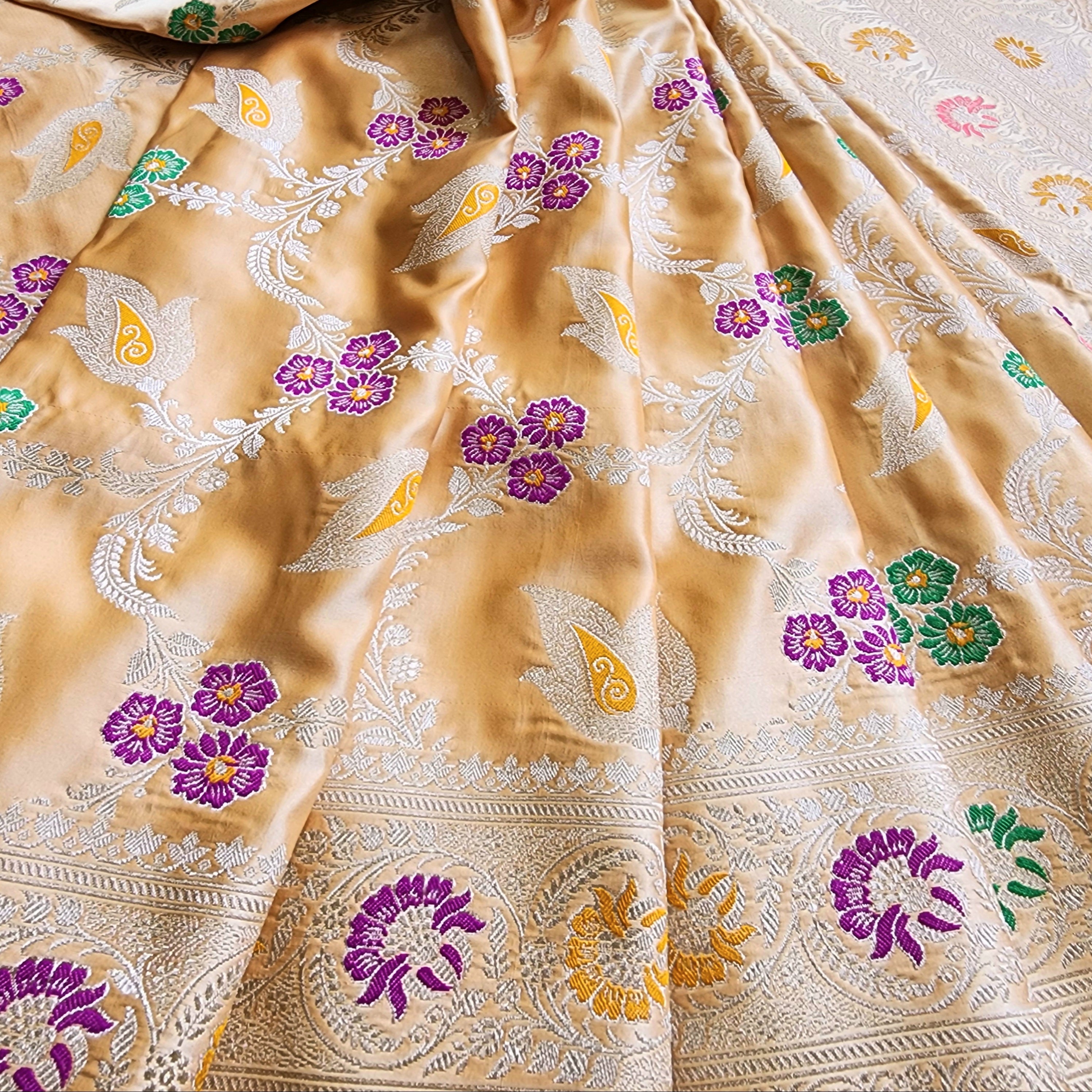 Enriched Dark Orange Banarasi Katan Silk Saree with Multicolor Meenakari Floral Jaal