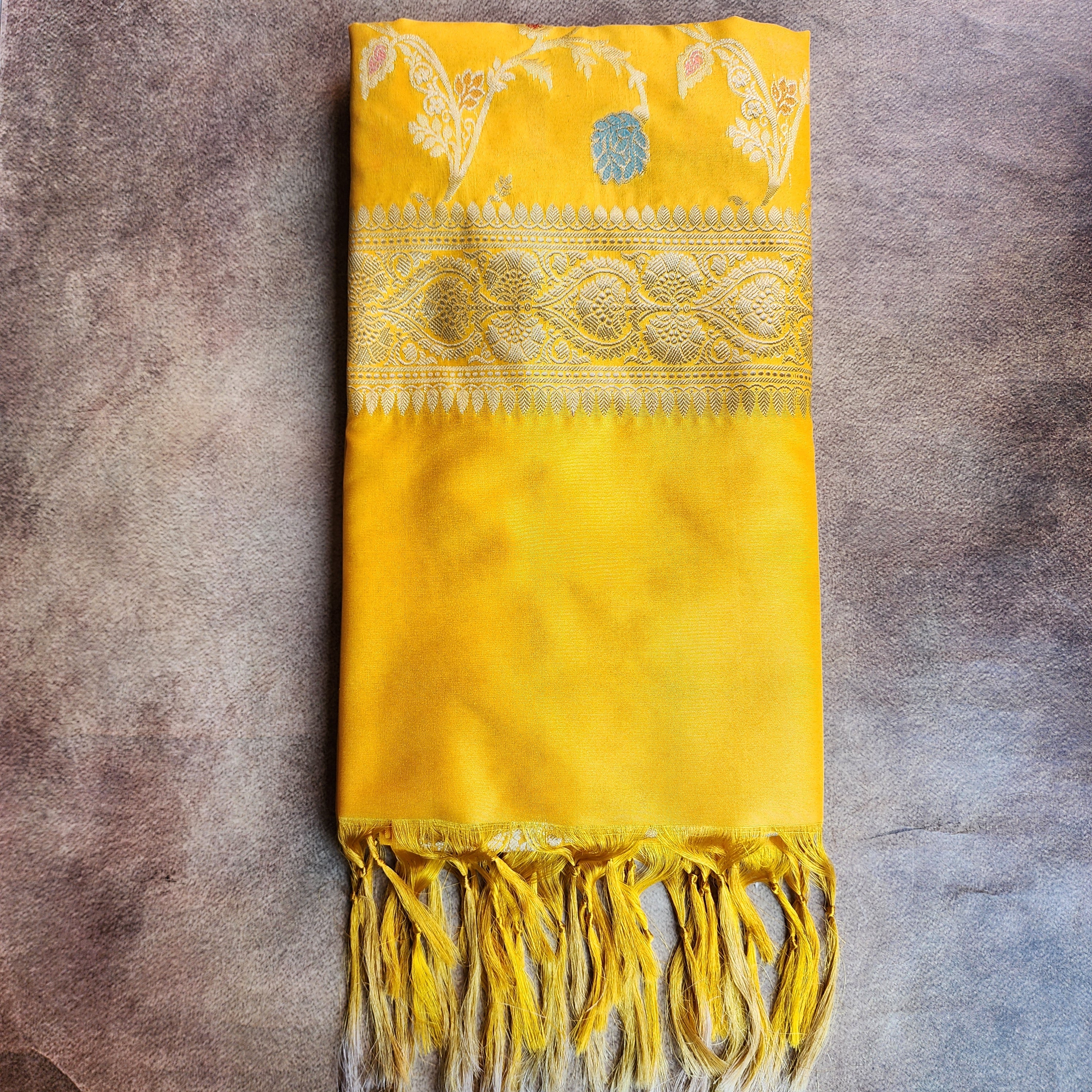 Mustard Yellow Banarasi Silk Dupatta with Gold Zari Border & Multicolor Meenakari Work