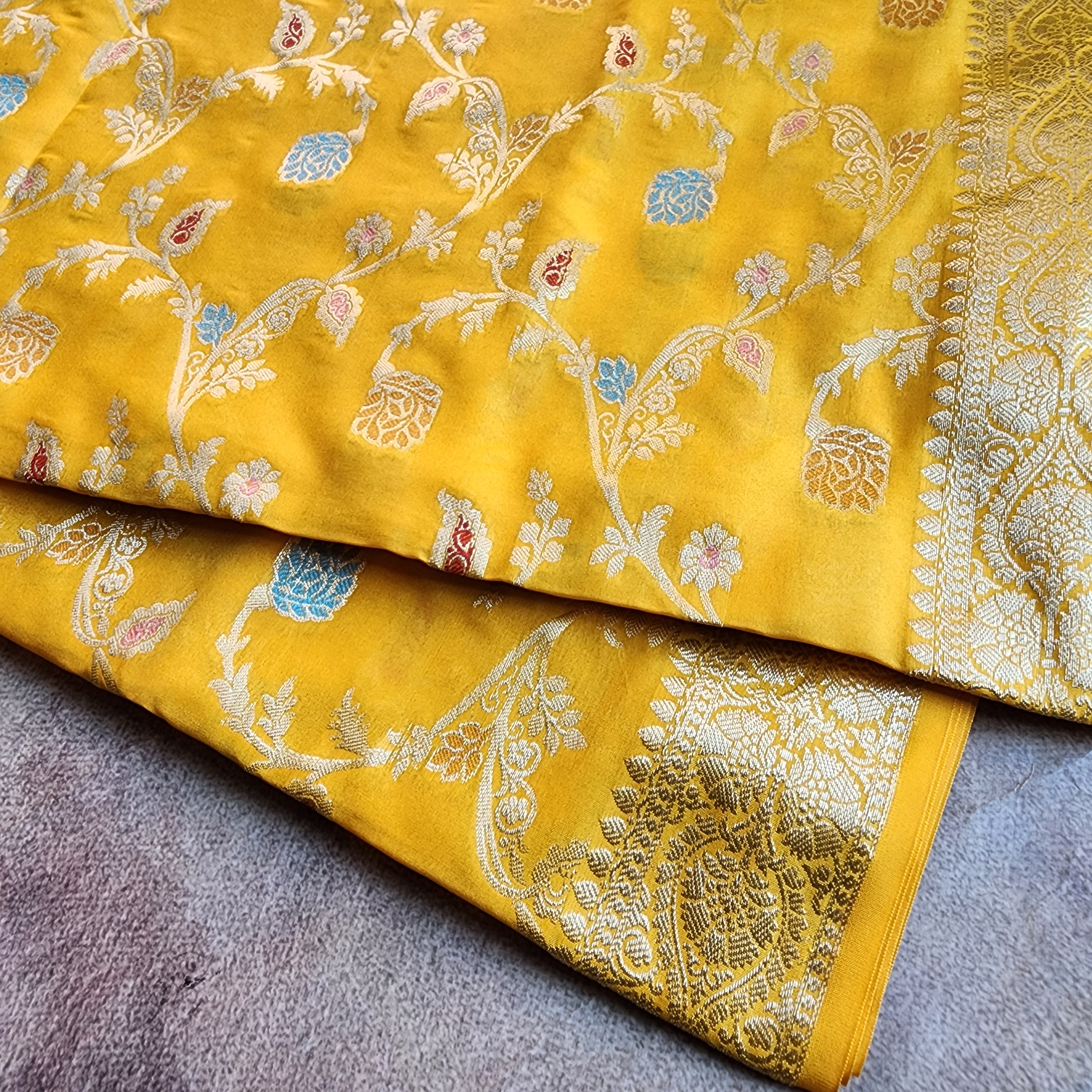 Mustard Yellow Banarasi Silk Dupatta with Gold Zari Border & Multicolor Meenakari Work