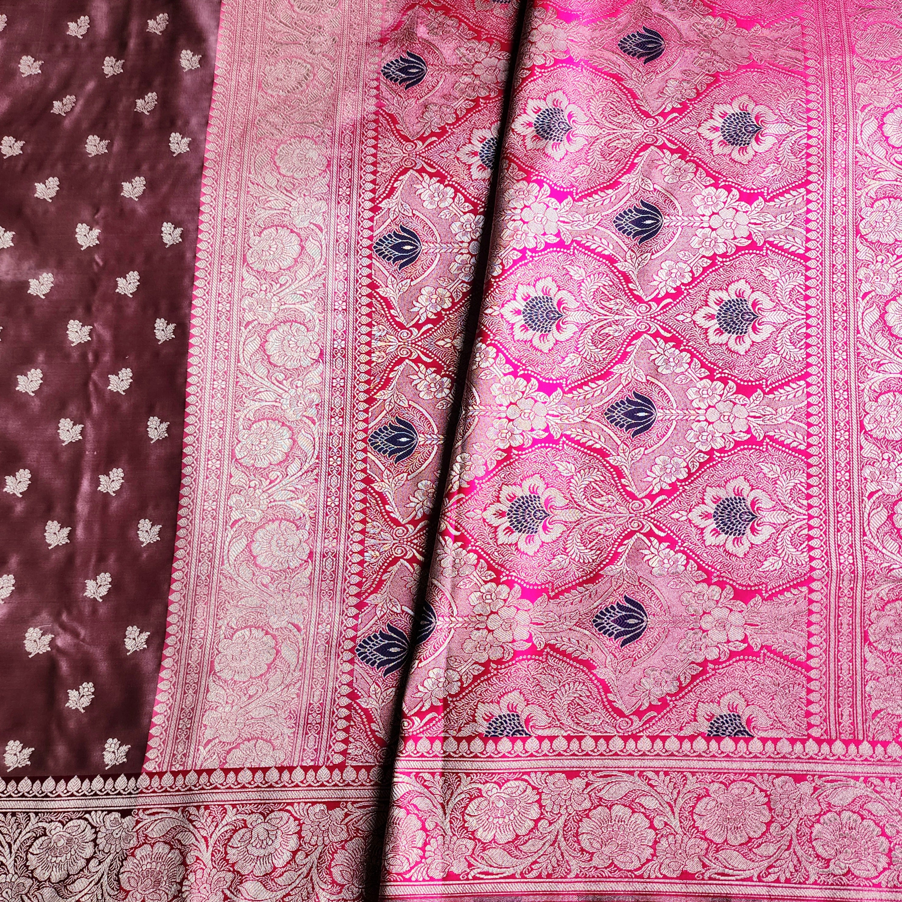 Dusty Mauve Pure Banarasi Katan Silk Saree with light Gold Zari Weaving