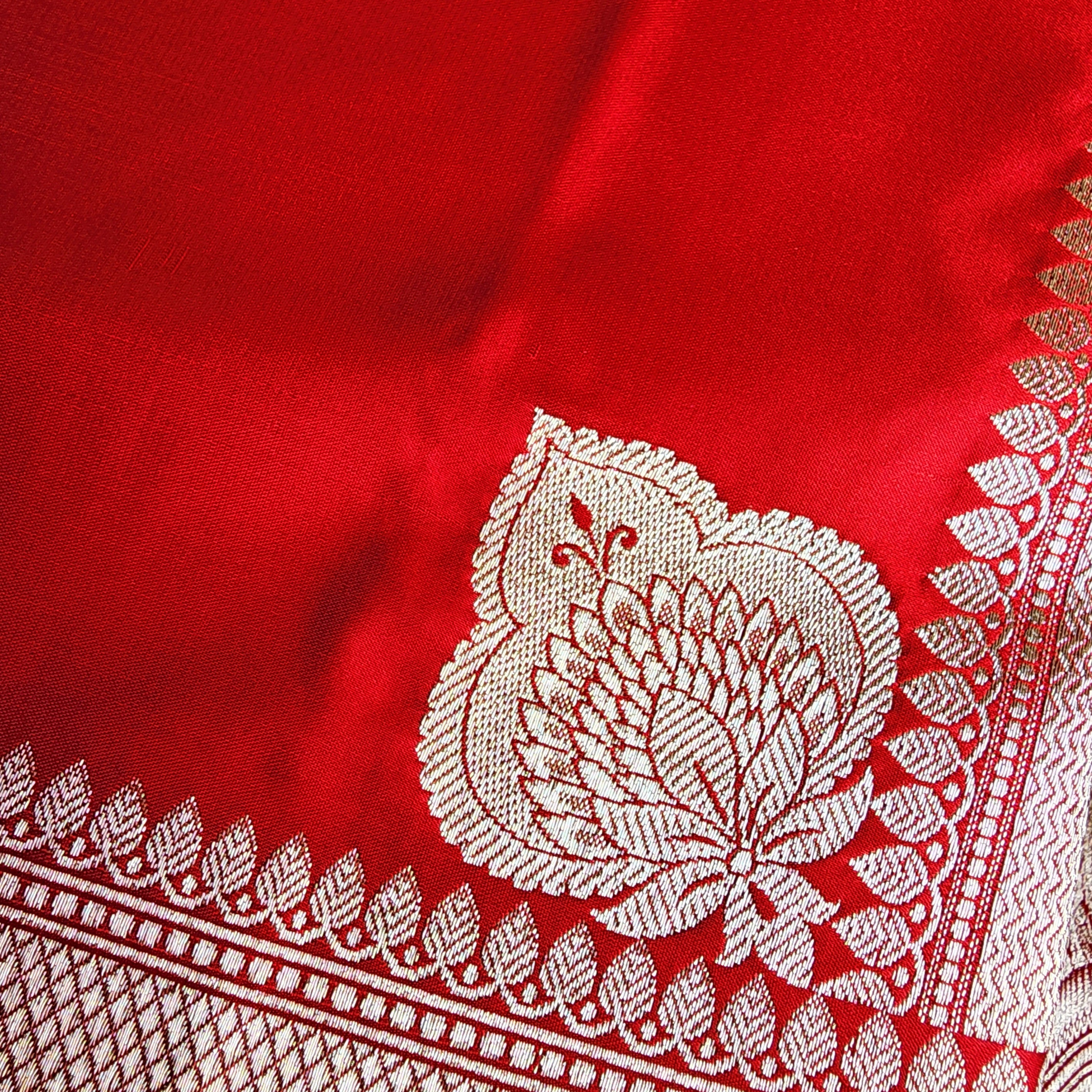 Rich Vermilion Red Pure Banarasi Katan Silk Saree with light Gold Zari Weaving