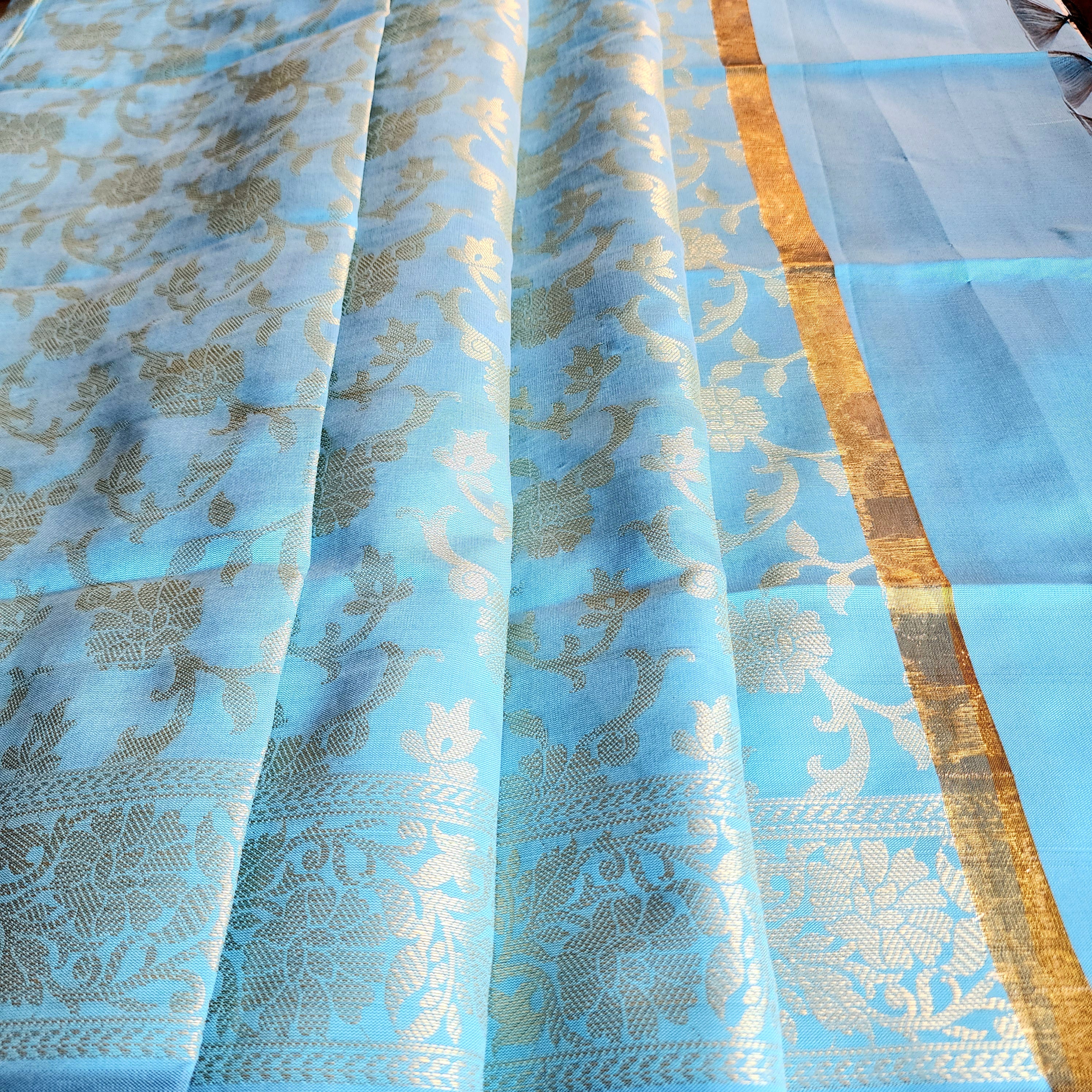 Aqua Blue Banarasi Tapetta Silk Dupatta with Gold Floral Weave