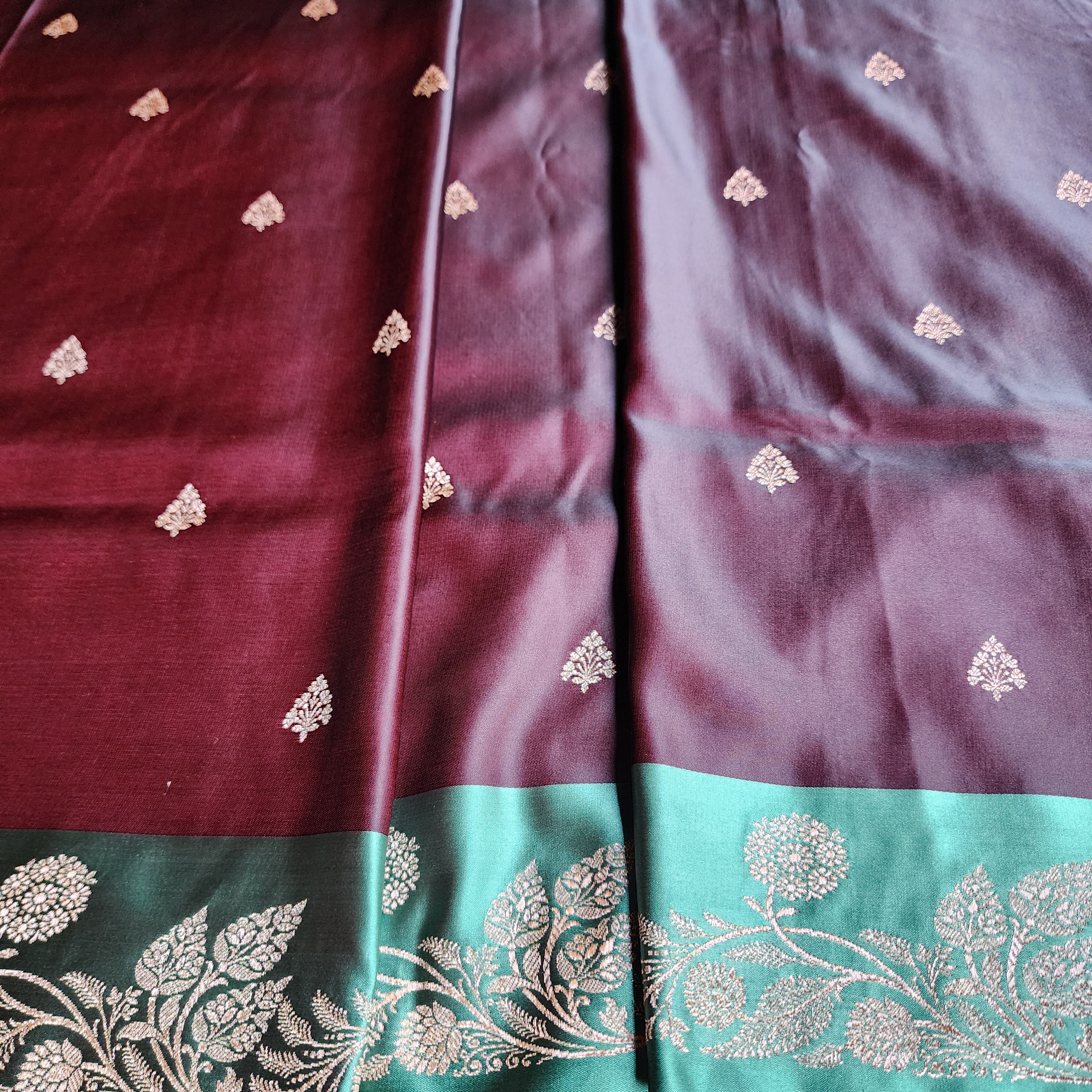 Chocolate Brown Pure Banarasi Katan Silk Saree with Sea Green Border