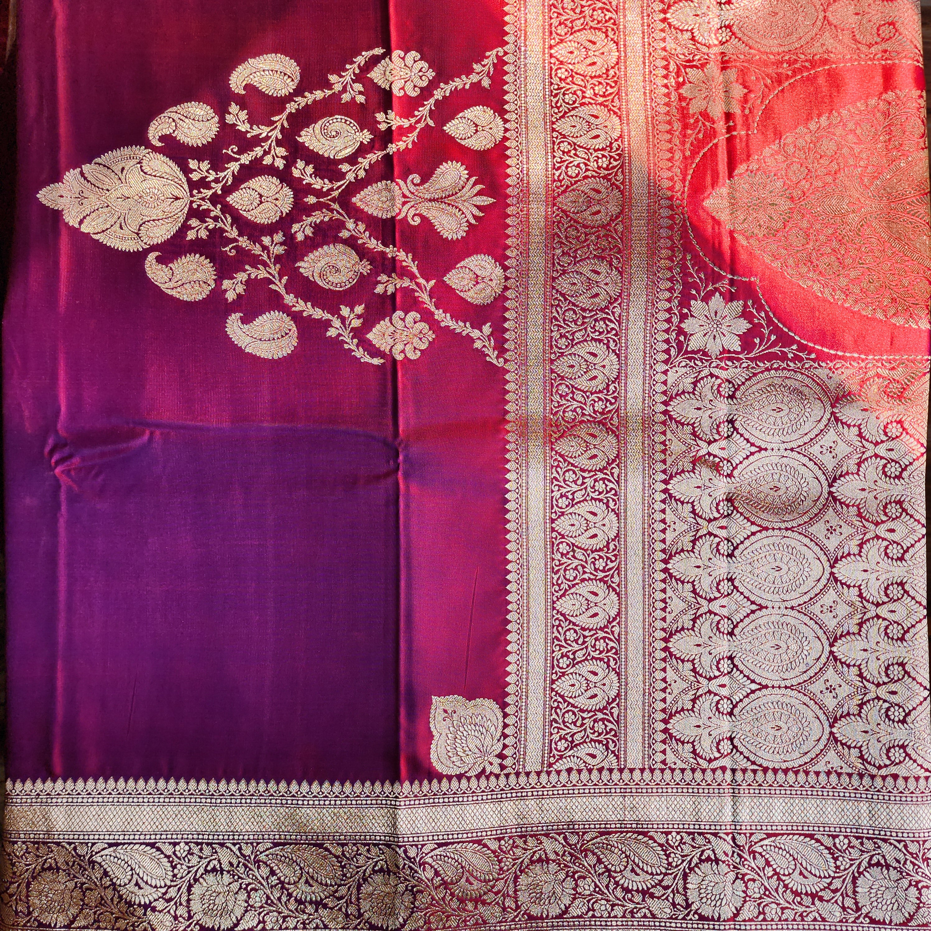 Dhoop Chhaon Raspberry Banarasi Katan Silk Saree