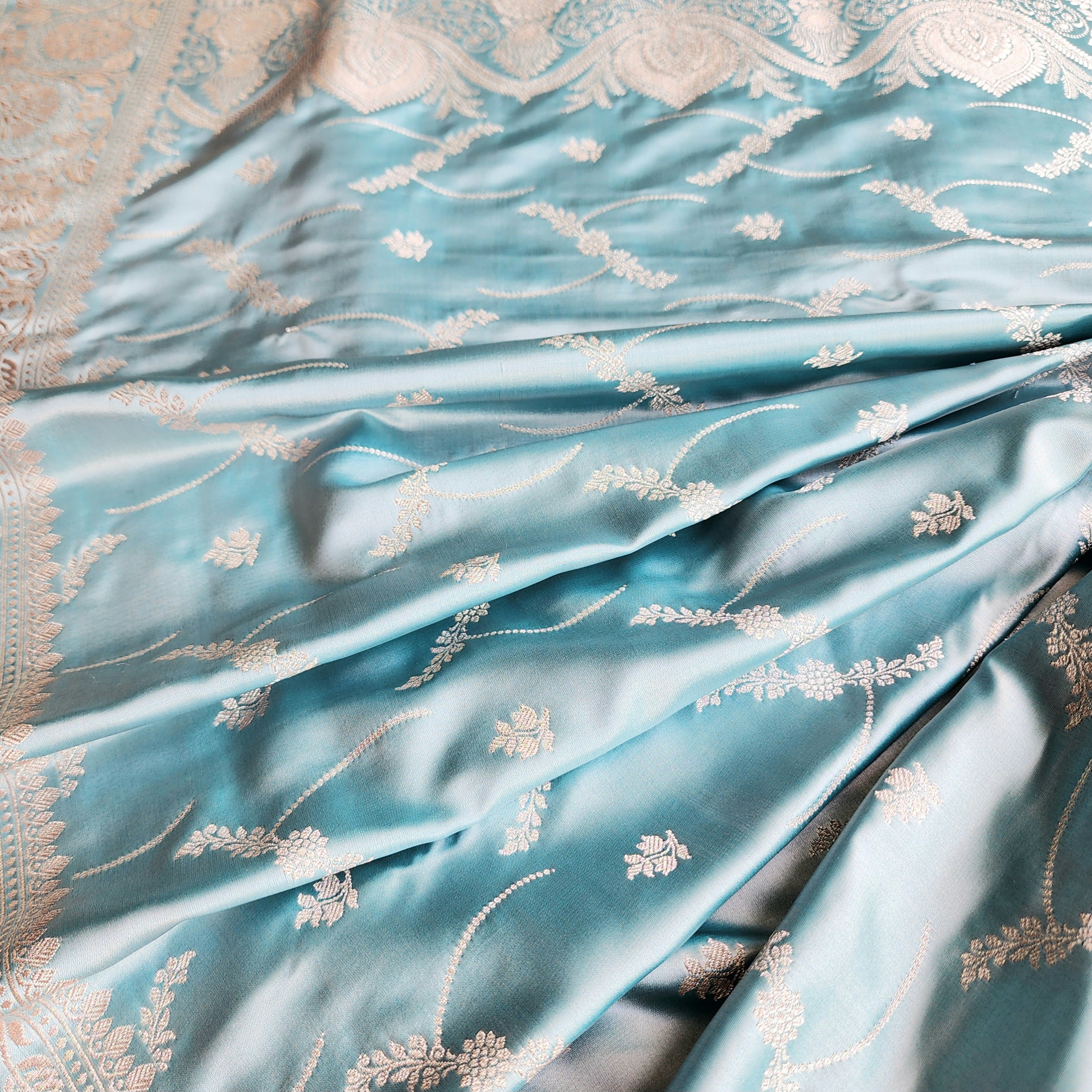 Pastel Sky Blue Banarasi Katan Silk Saree with Light Gold Zari weaving
