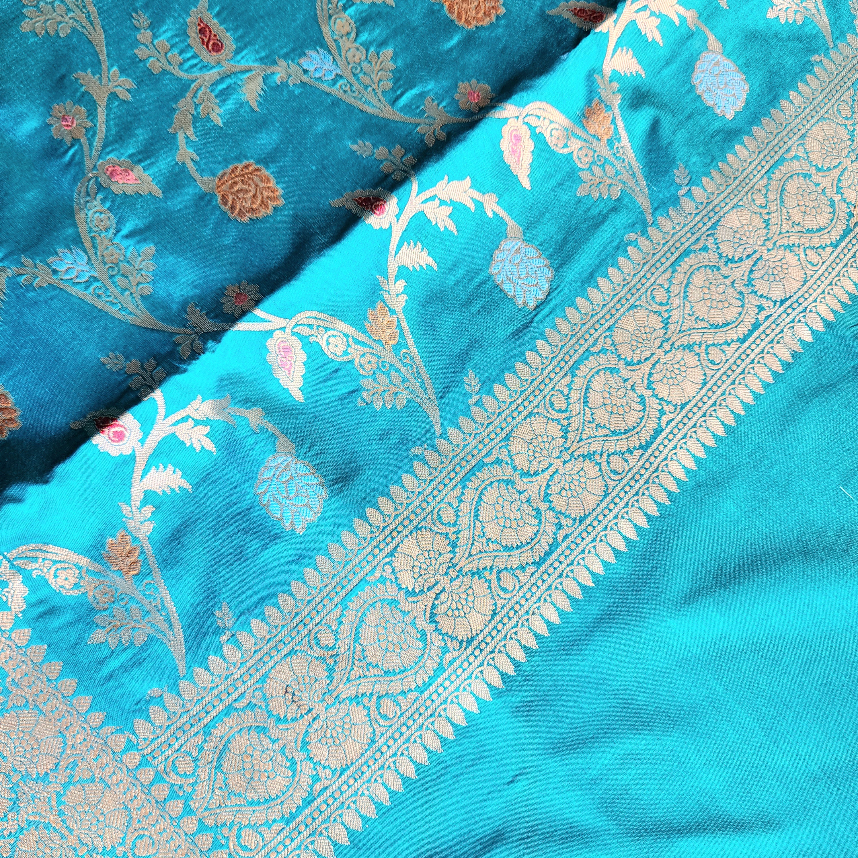 Teal Green Banarasi Silk Dupatta with Gold Zari Border & Multicolor Meenakari Work