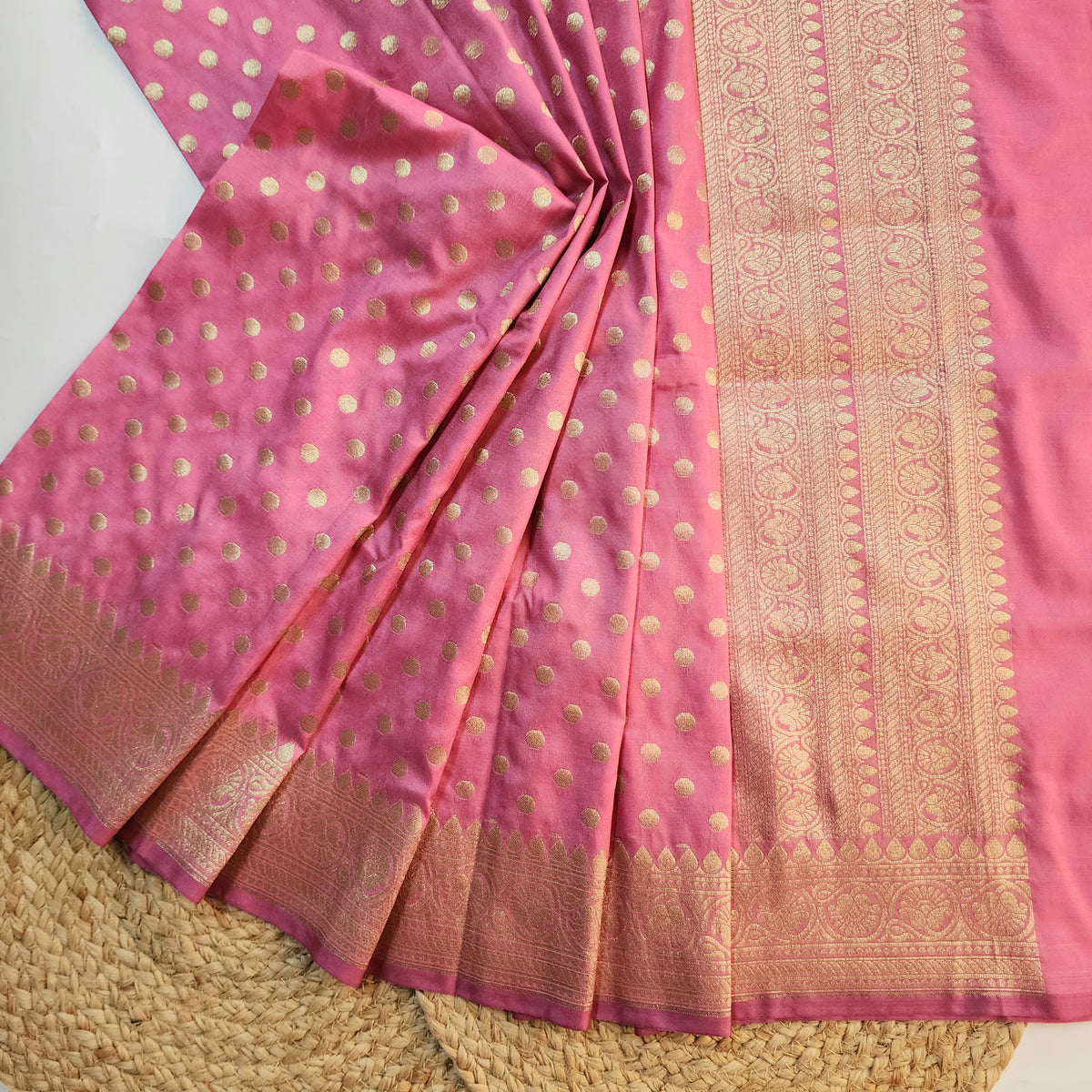 Dusty Rose Banarasi Silk Dupatta with Gold Polka Dot