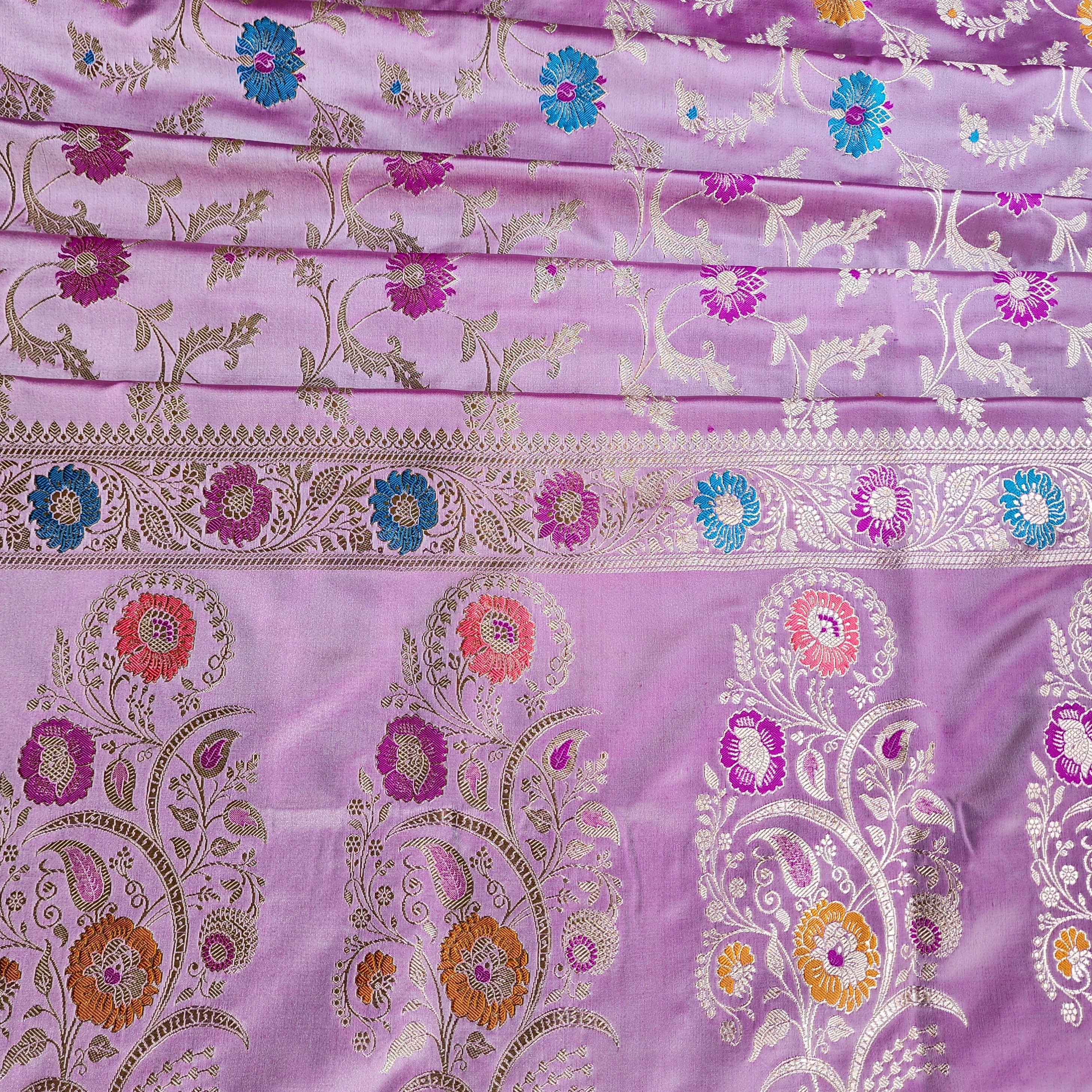 Enriched Banarasi Katan Silk Saree | Soft Lavender Pink Multicolor Meenakari Floral Jaal