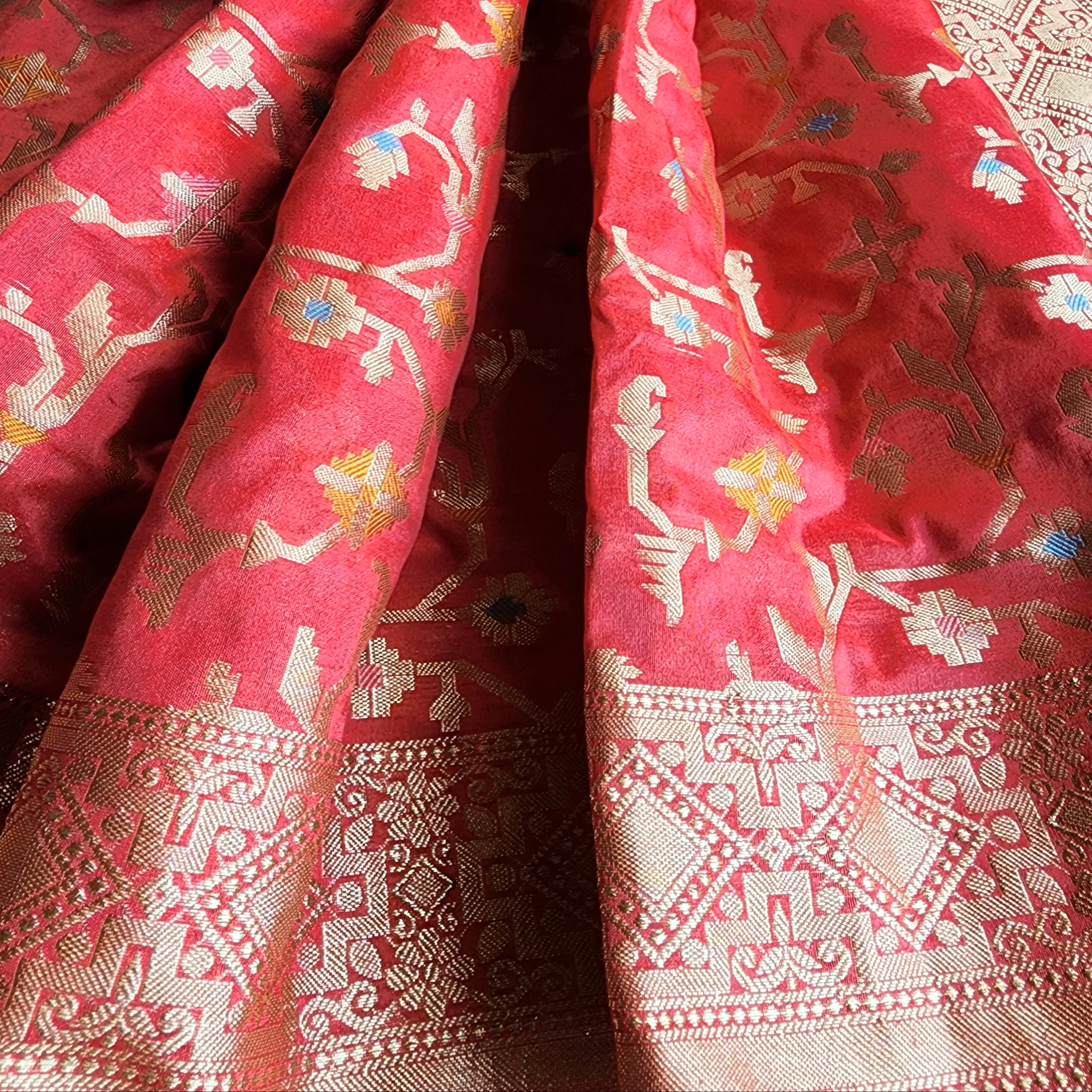 Golden Grid Banarasi Silk Dupatta with Meenakari Work in Brick Red