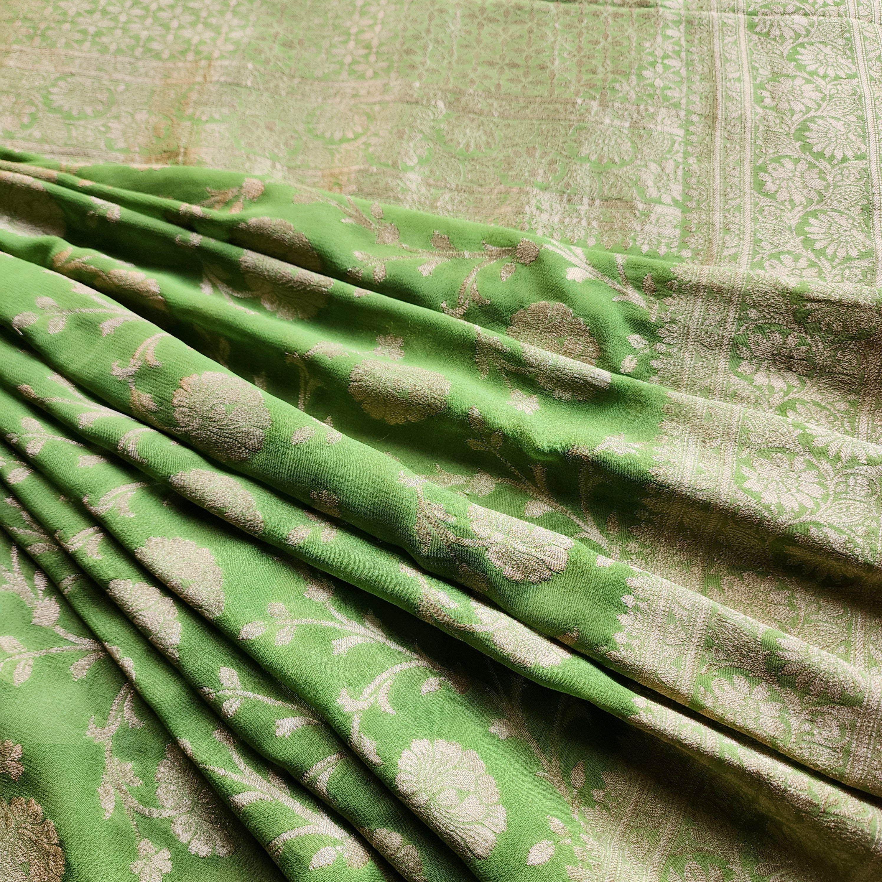 Khaddi Georgette Pure Banarasi Saree in Light Bottle Green