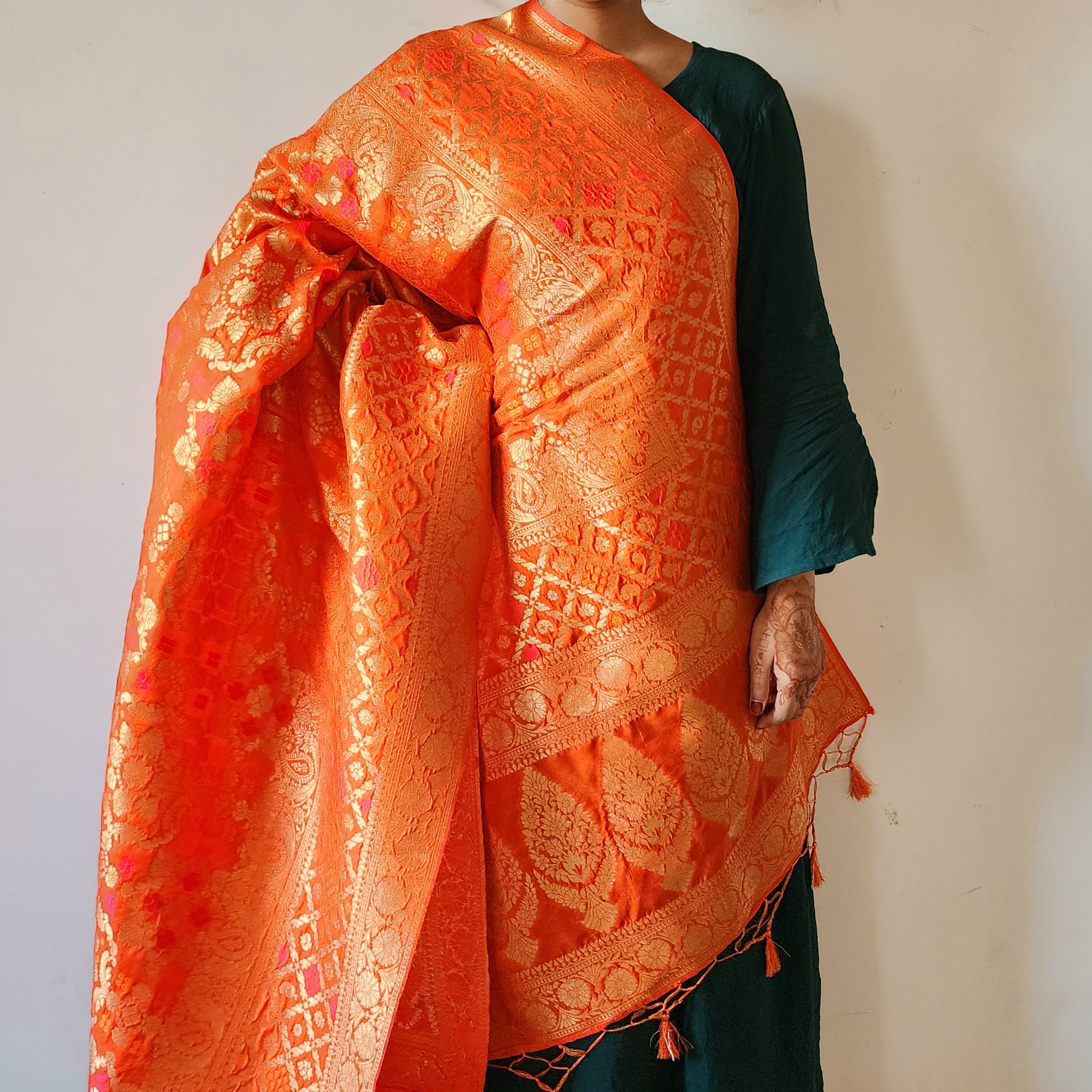 Burnt Orange Bandhani Dupatta with Floral and Geometric Zari Weave