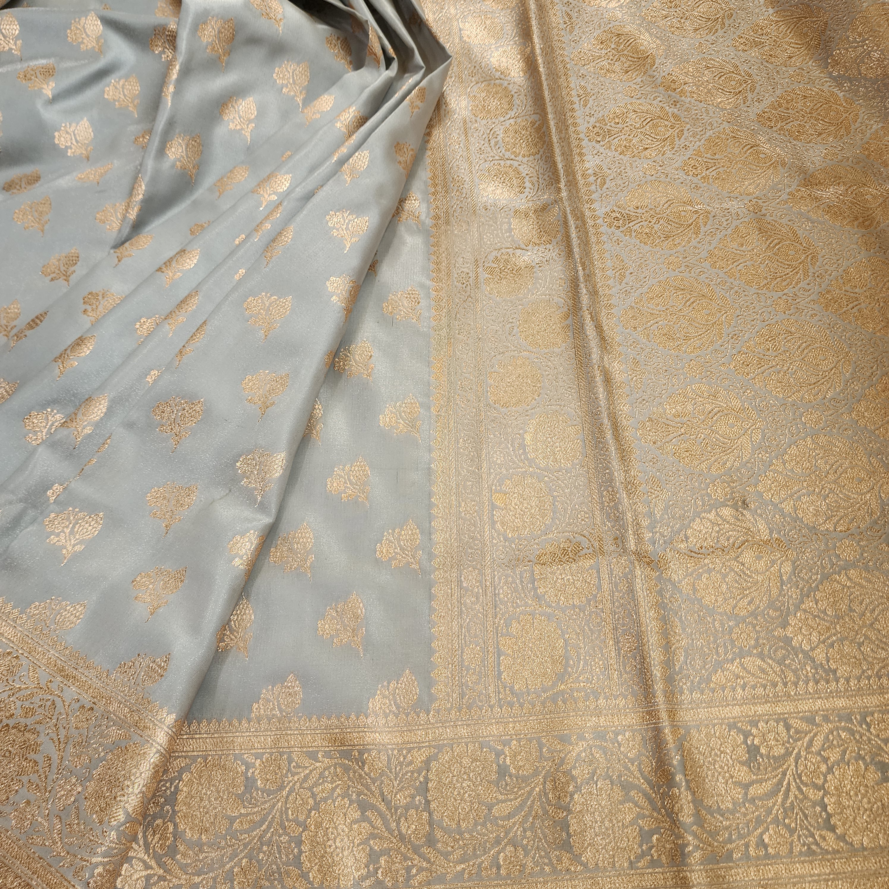 Rich Silver Grey Banarasi Silk Saree with Gold Zari Weaving