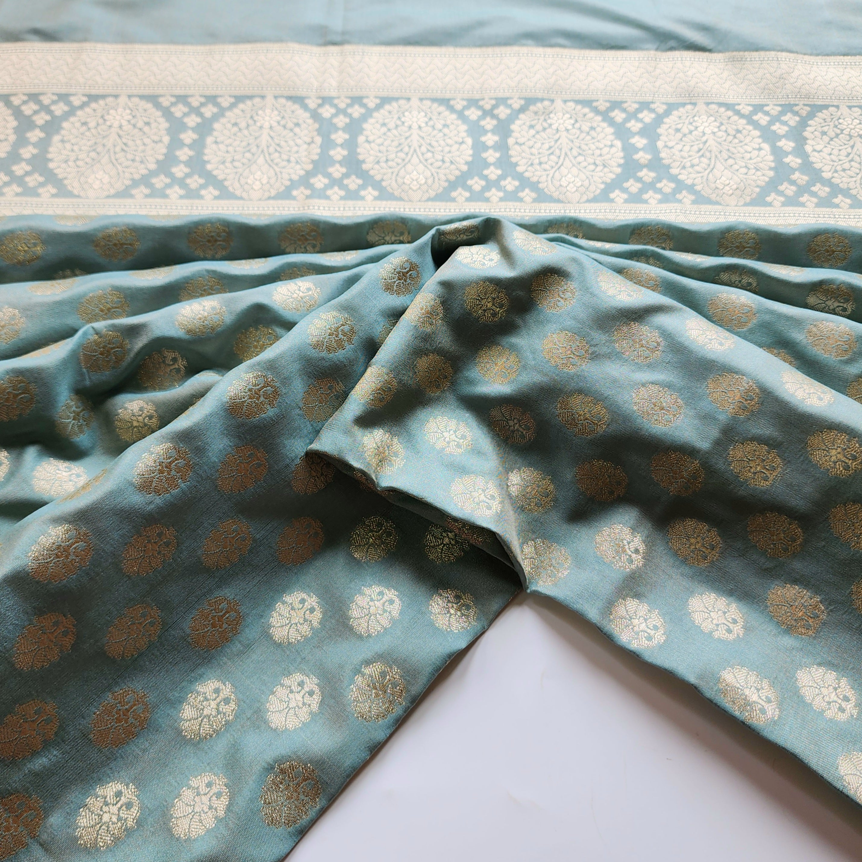 Dusty Mint Banarasi Dupatta with Soft Polka Dots