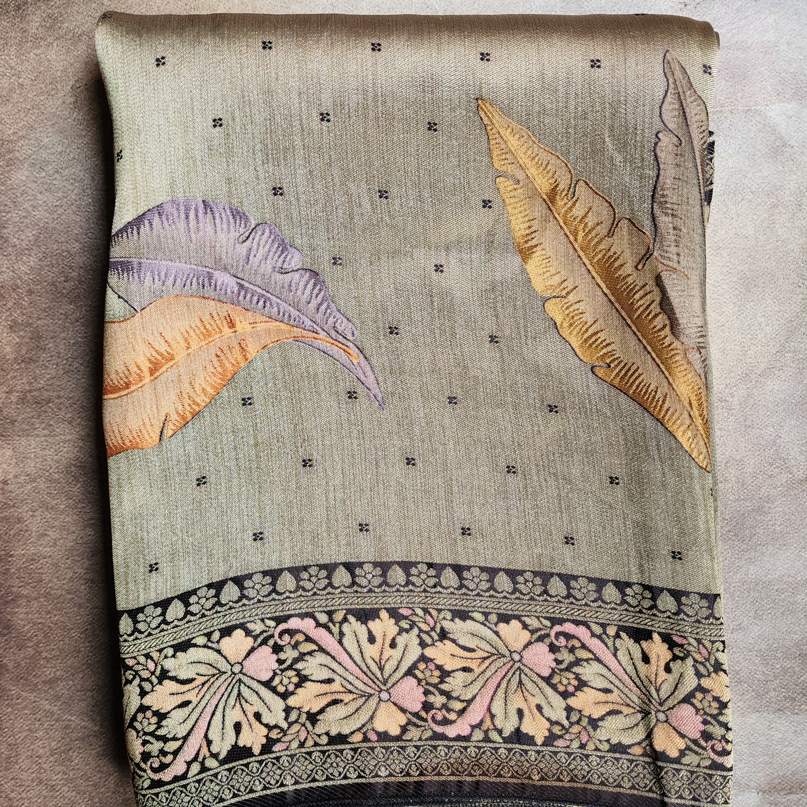 Dove Grey Tissue Silk Saree with Artistic Leaf Motifs