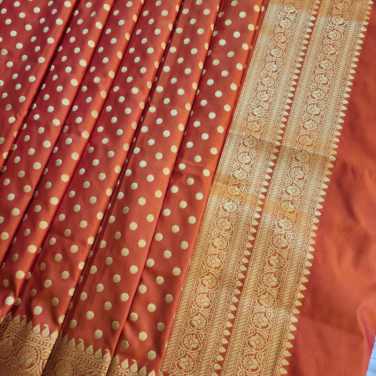 Peach Orange Banarasi Silk Dupatta with Gold Polka Dot