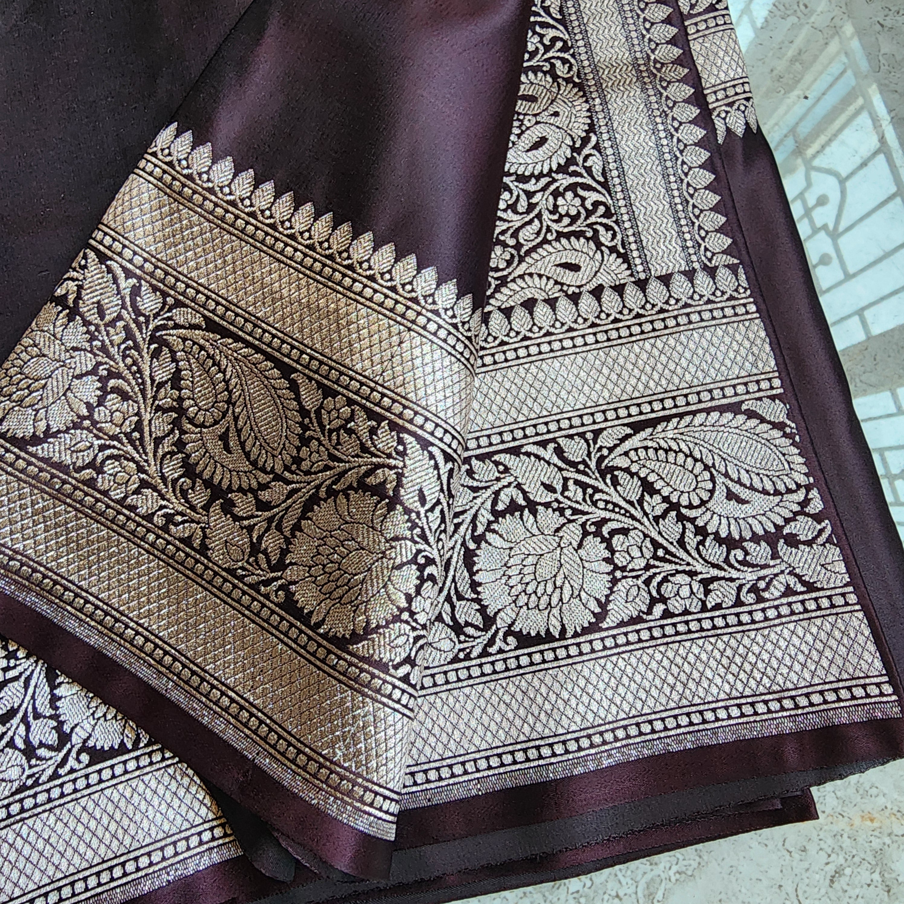 Mulberry Wine Pure Banarasi Katan Silk Saree with light Gold Zari Weaving