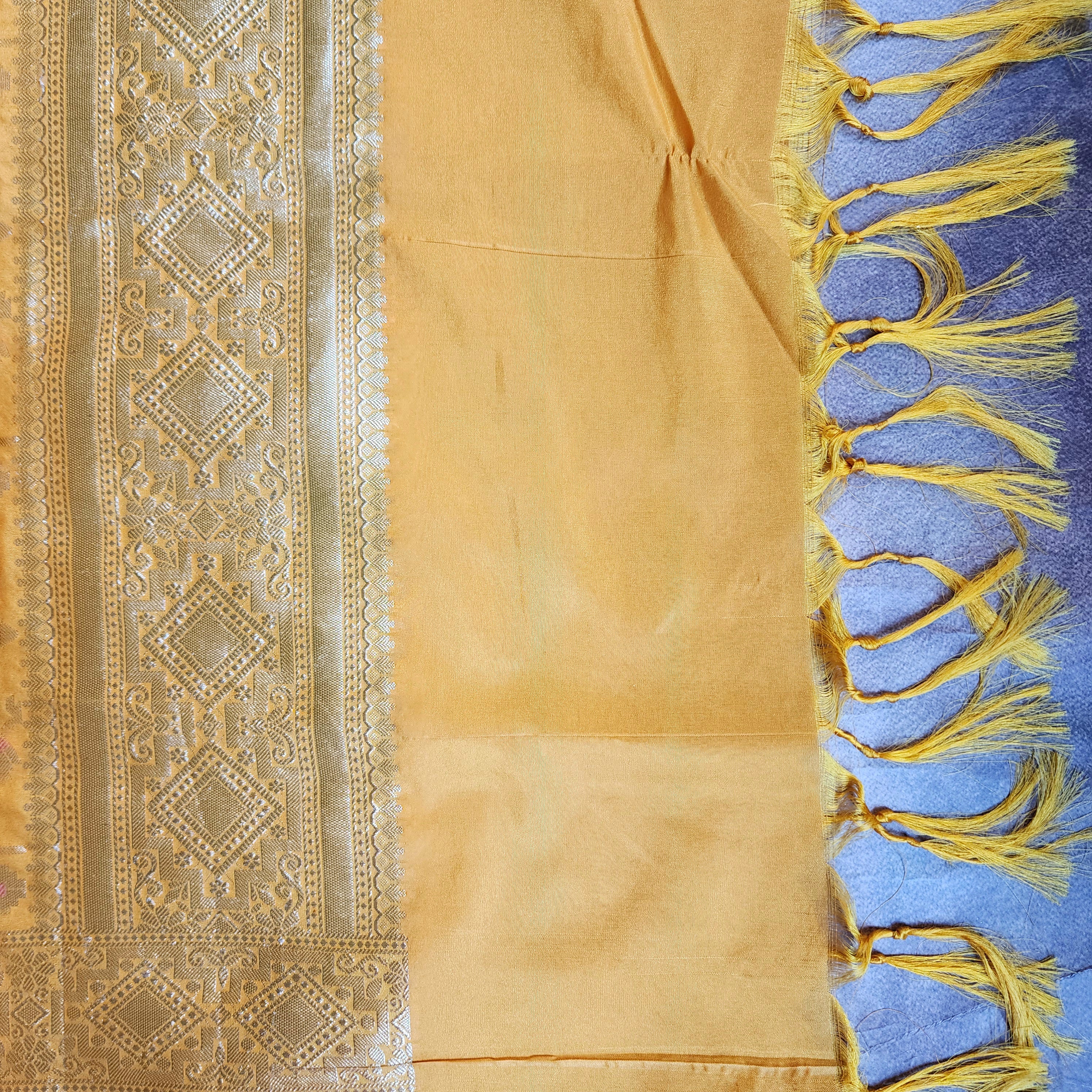 Golden Grid Banarasi Silk Dupatta with Meenakari Work in Mustard Yellow