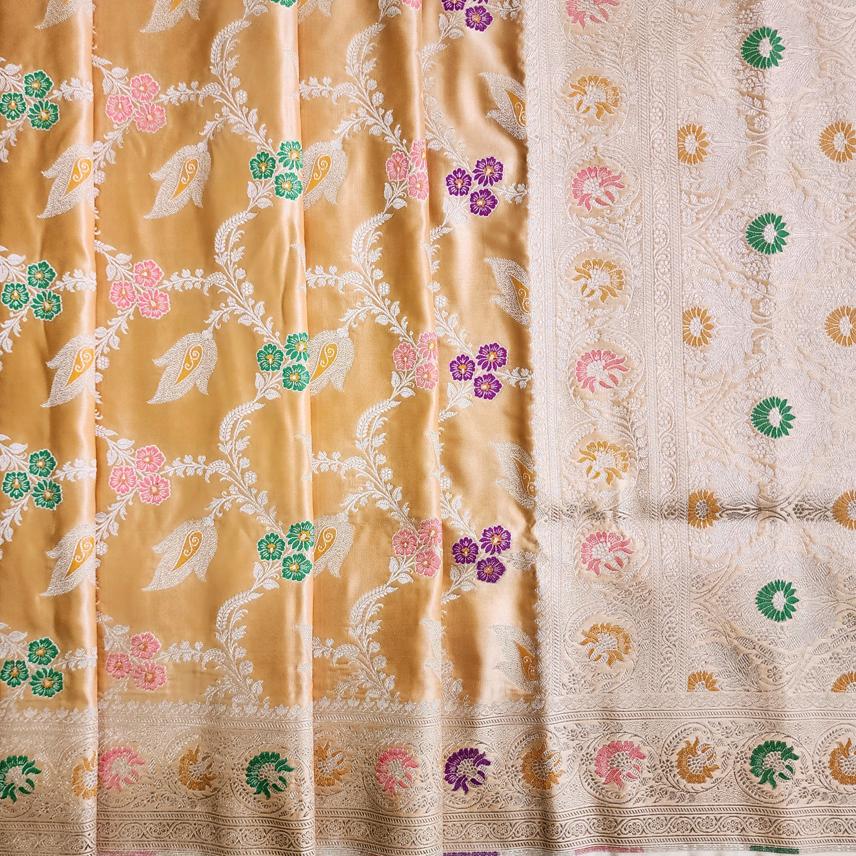 Enriched Dark Orange Banarasi Katan Silk Saree with Multicolor Meenakari Floral Jaal