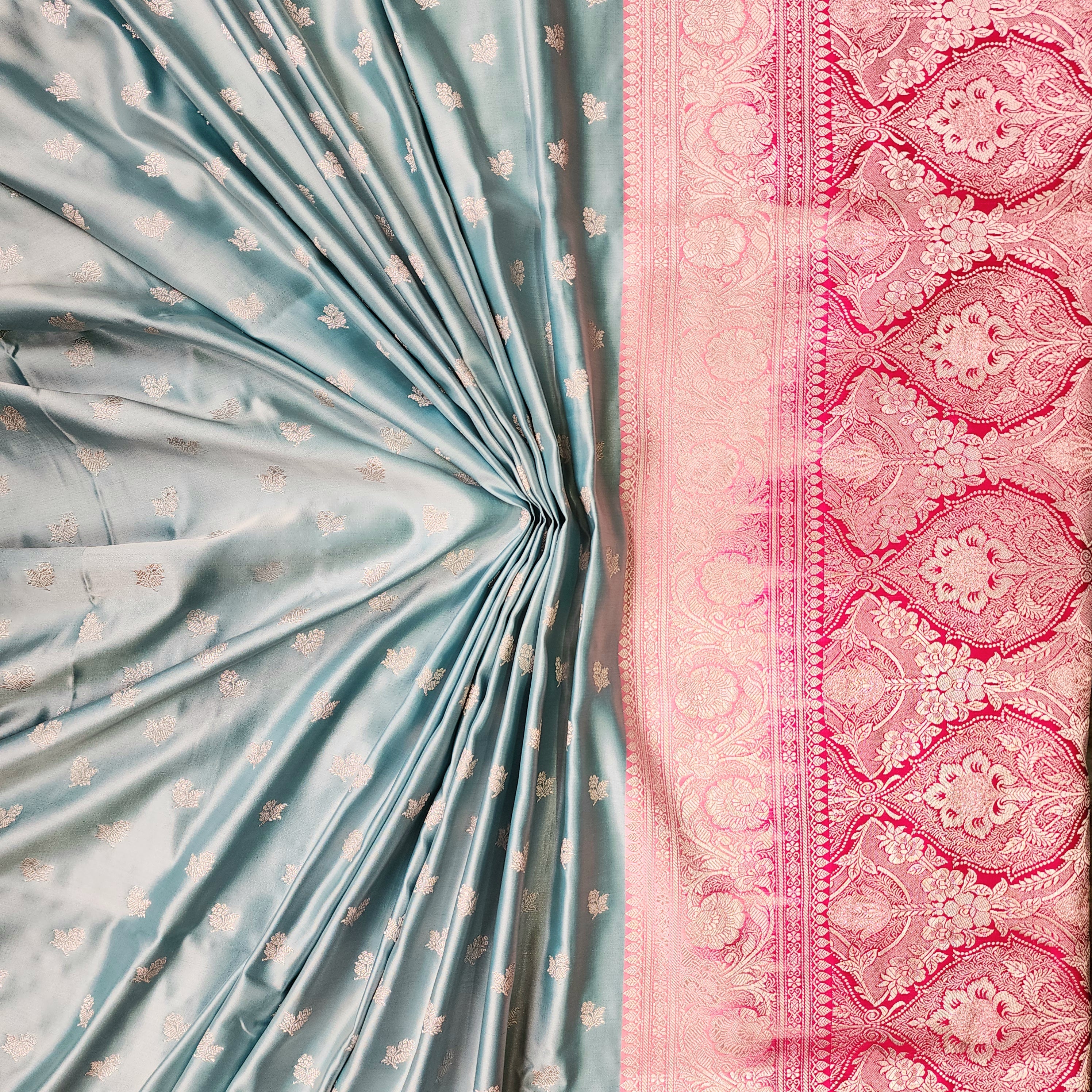 Pastel Aqua Blue Pure Banarasi Katan Silk Saree with light Gold Zari Weaving