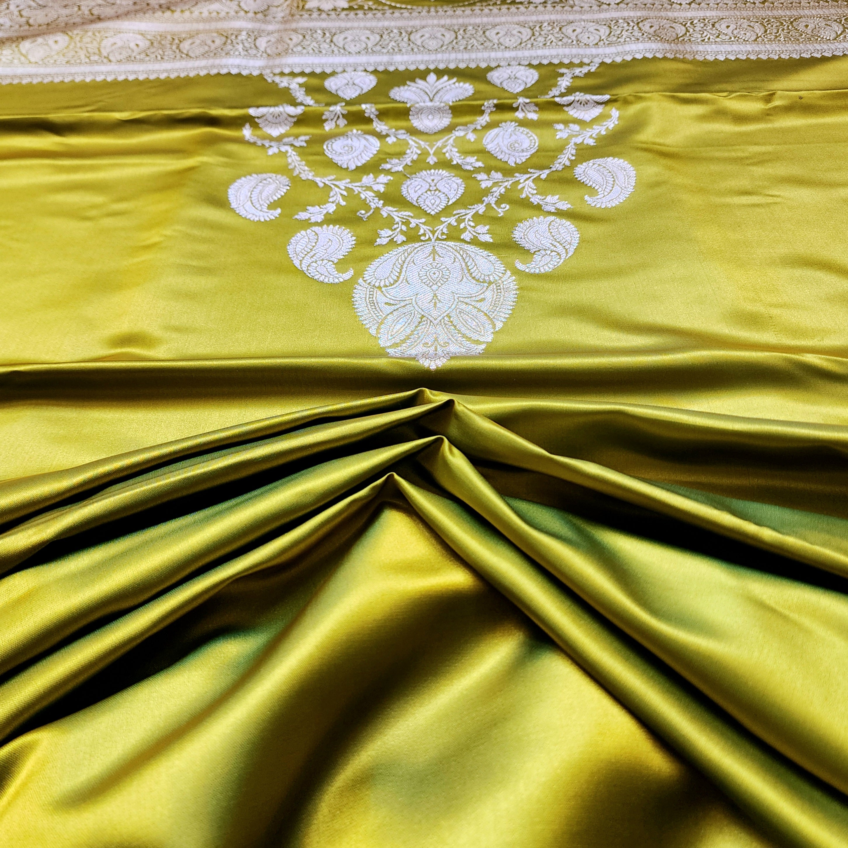 Olive Green Pure Banarasi Katan Silk Saree with light Gold Zari Weaving