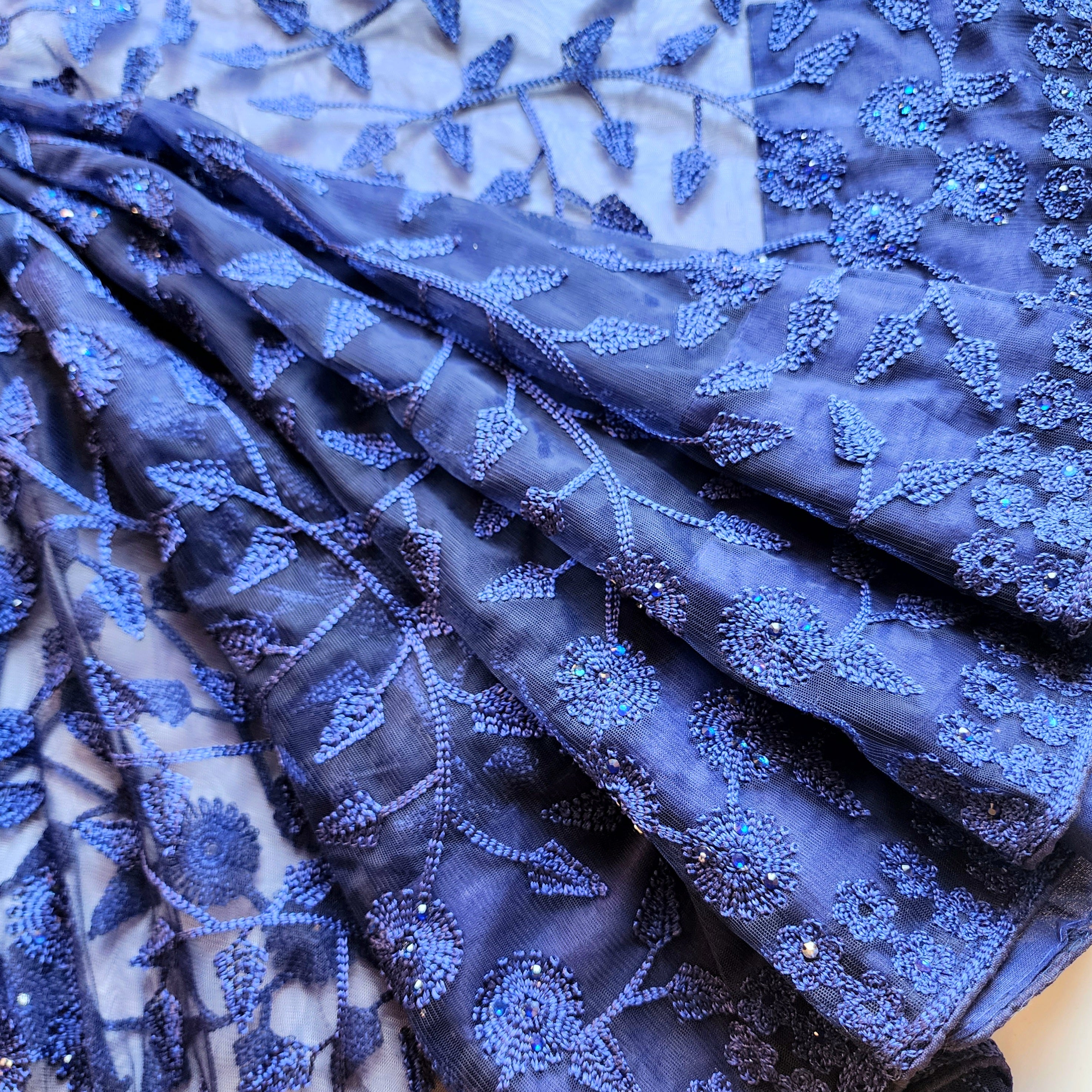 Embroidered Net Designer Saree in Dark Blue