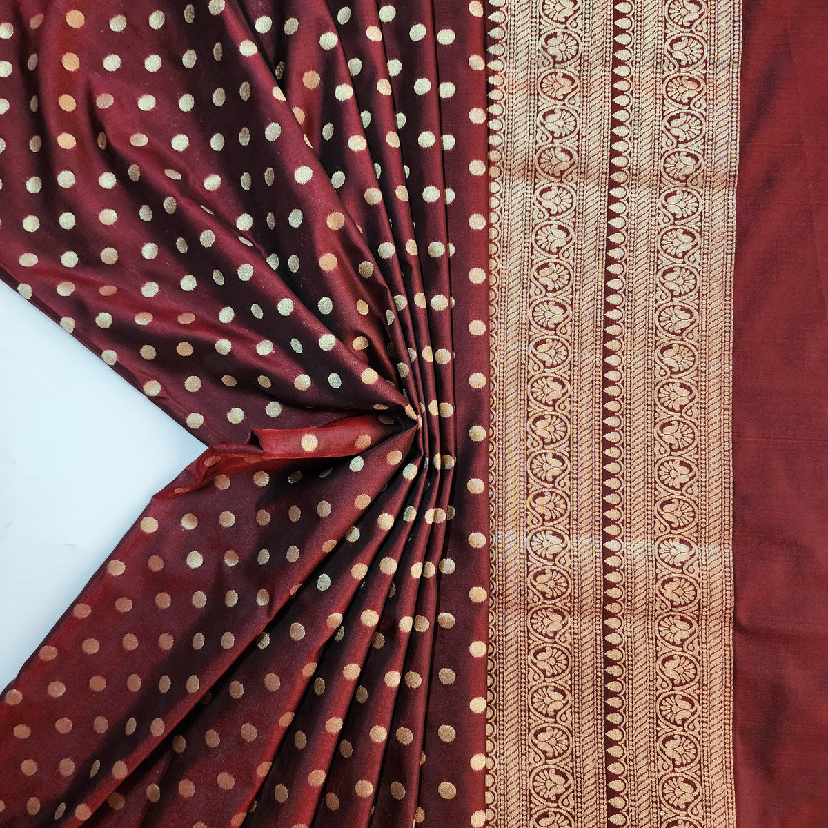 Burgundy Banarasi Silk Dupatta with Gold Polka Dot
