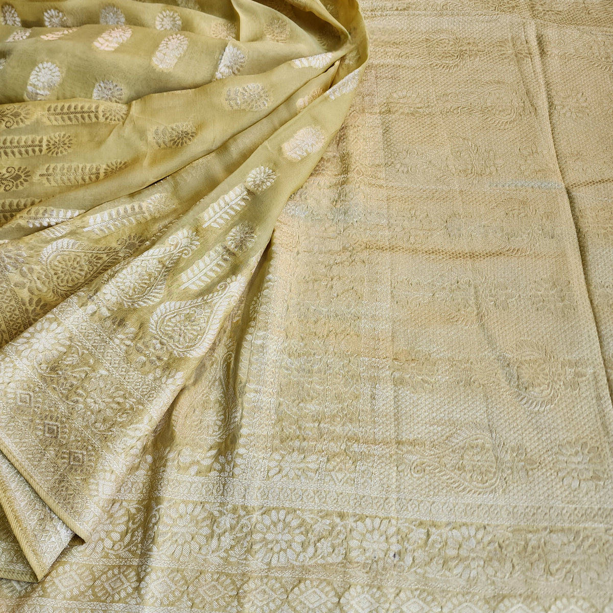 Yellow Khaddi Georgette Pure Banarasi Saree with Gold Zari