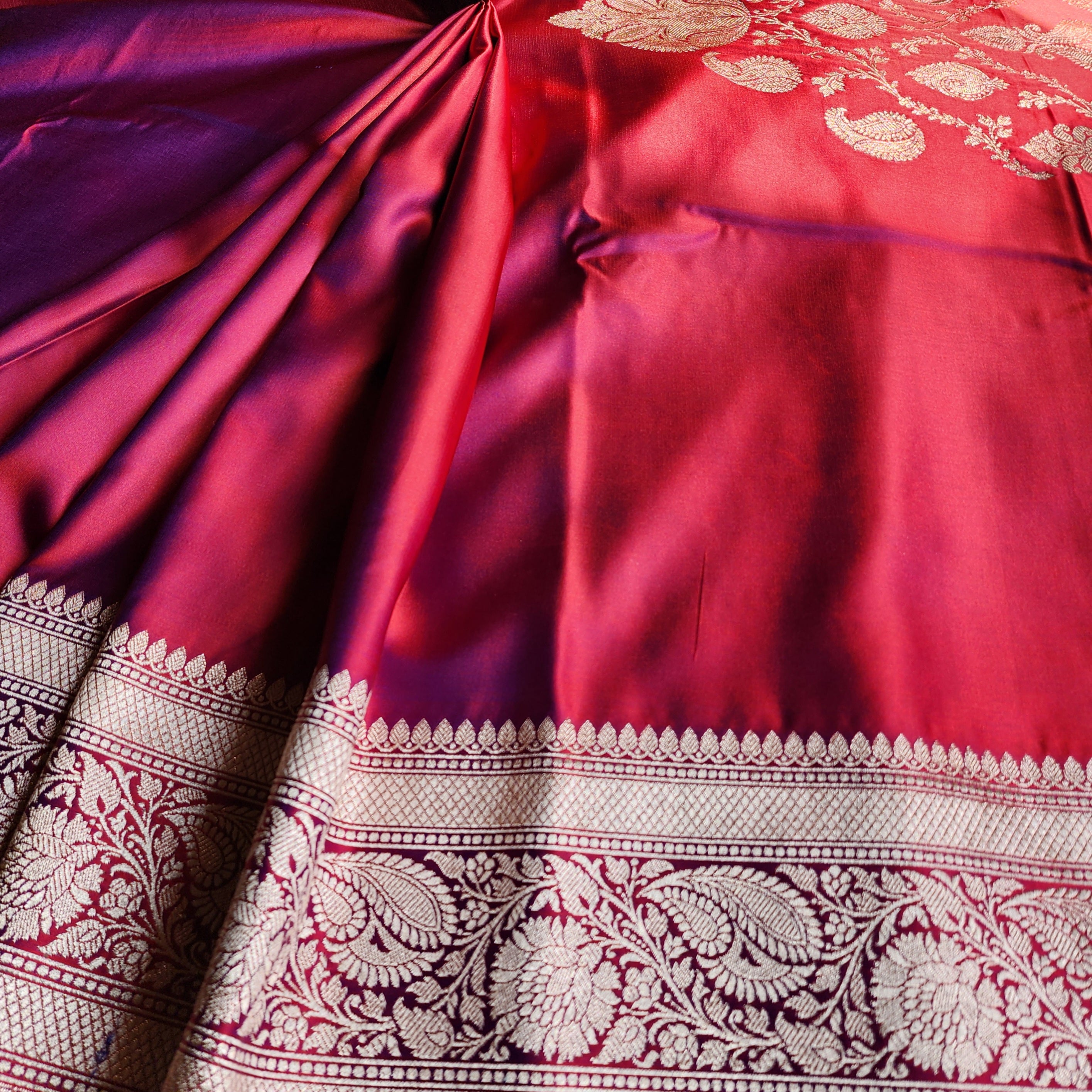 Dhoop Chhaon Raspberry Banarasi Katan Silk Saree