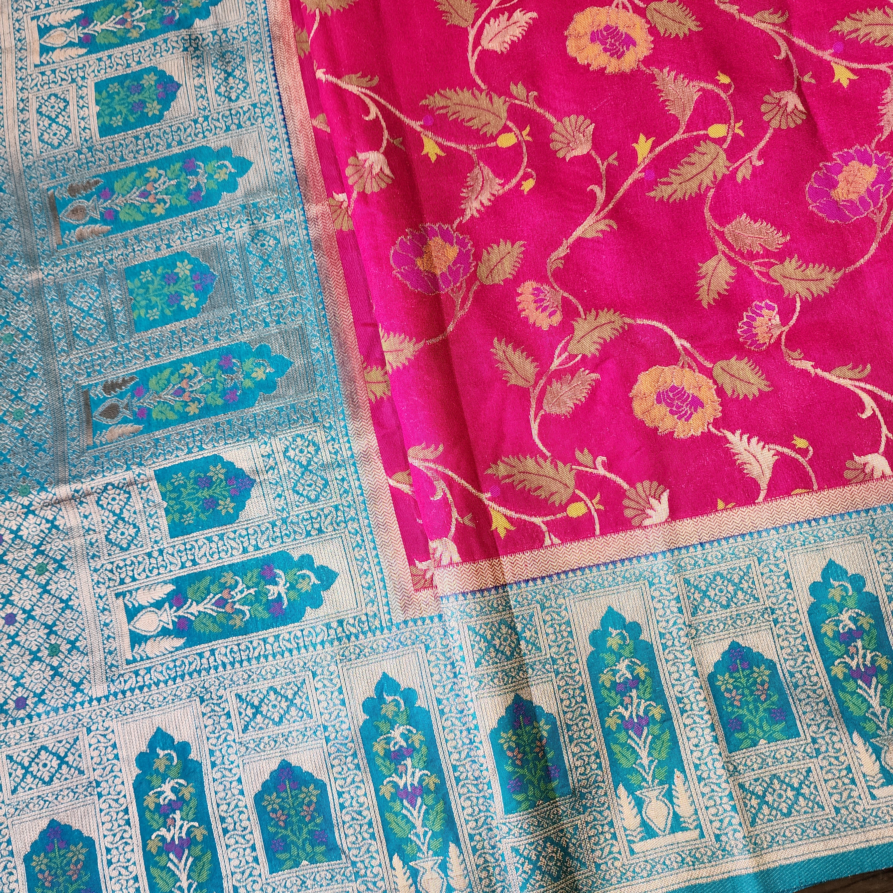Rani Pink Dupion Patola with Turquoise Blue Border & Heavy Gold Zari