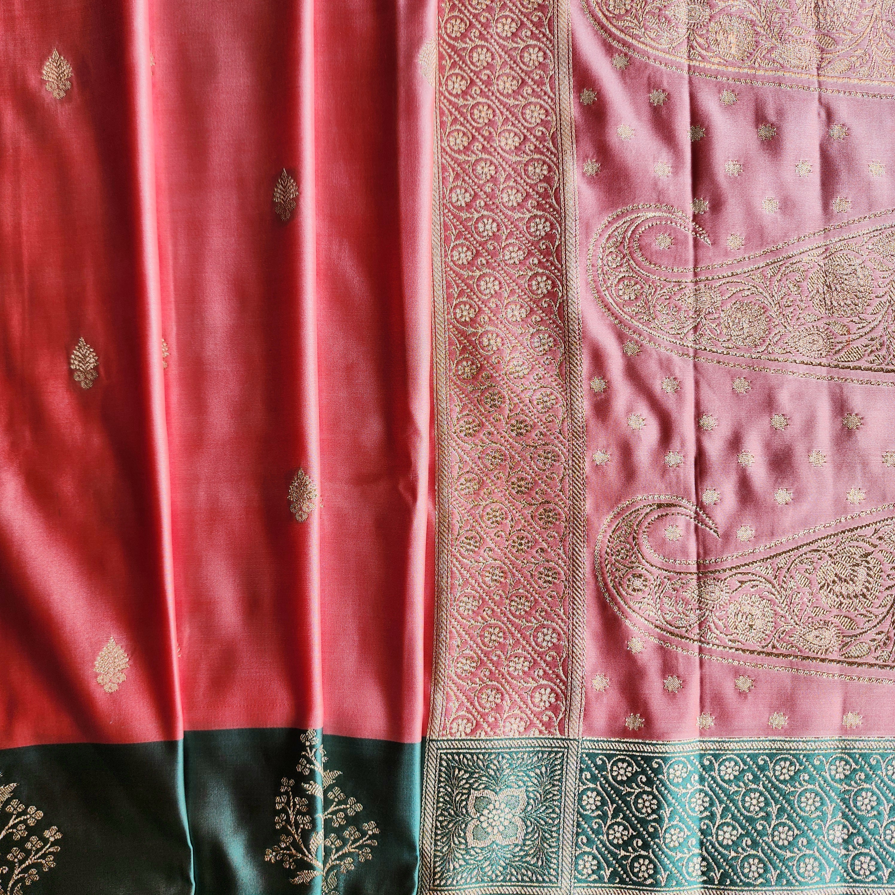 Rose Pink Katan Silk Saree with Teal Blue Gold Zari Border