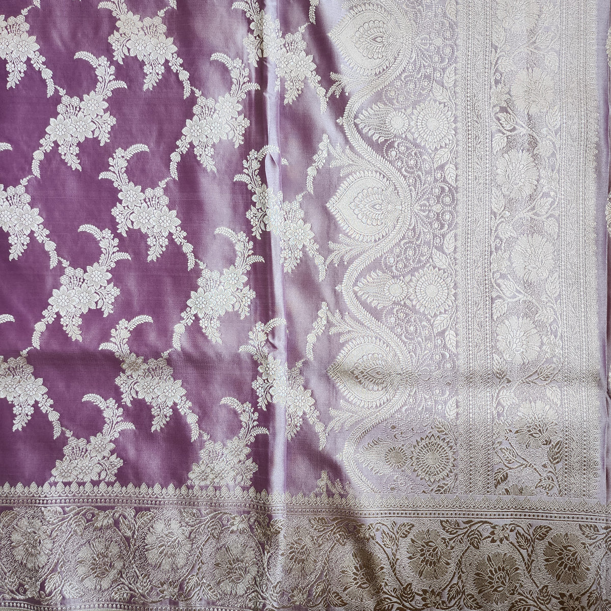 Dusty Lilac Banarasi Katan Silk Saree with Floral Vine Jaal