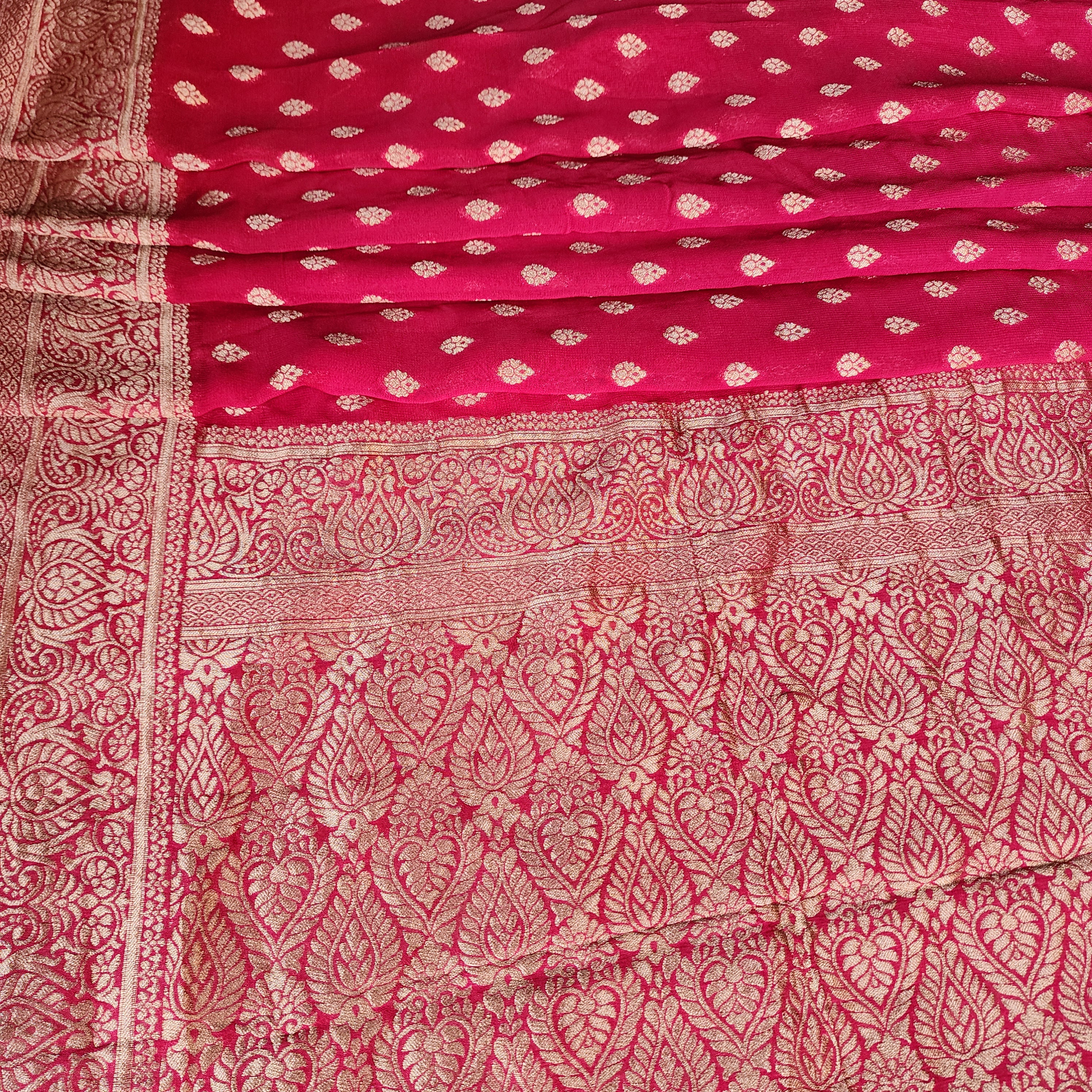 Radish Pink Khaddi Georgette Pure Banarasi Saree with Golden Zari