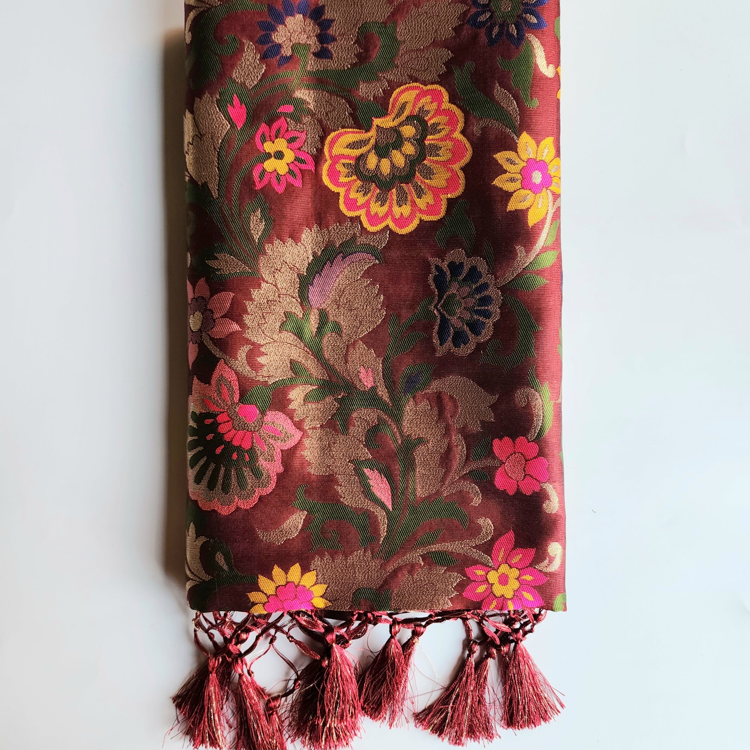 Banarasi Silk Brown Dupatta with Multicolor & Gold Floral Handweaving