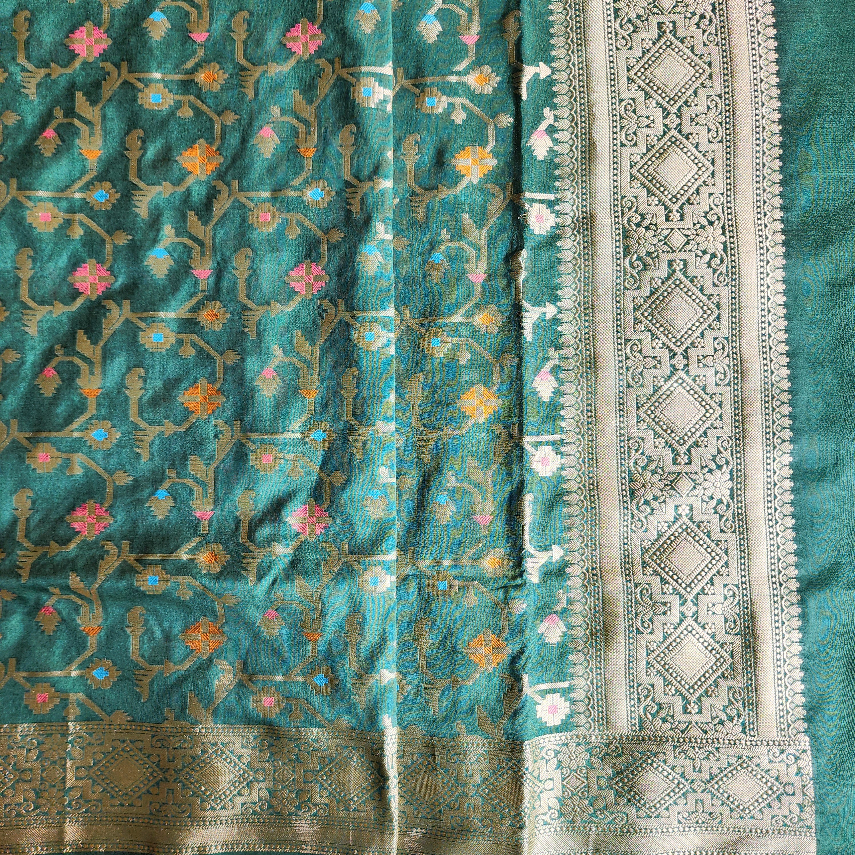Golden Grid Banarasi Silk Dupatta with Meenakari Work in Dark Bottle Green
