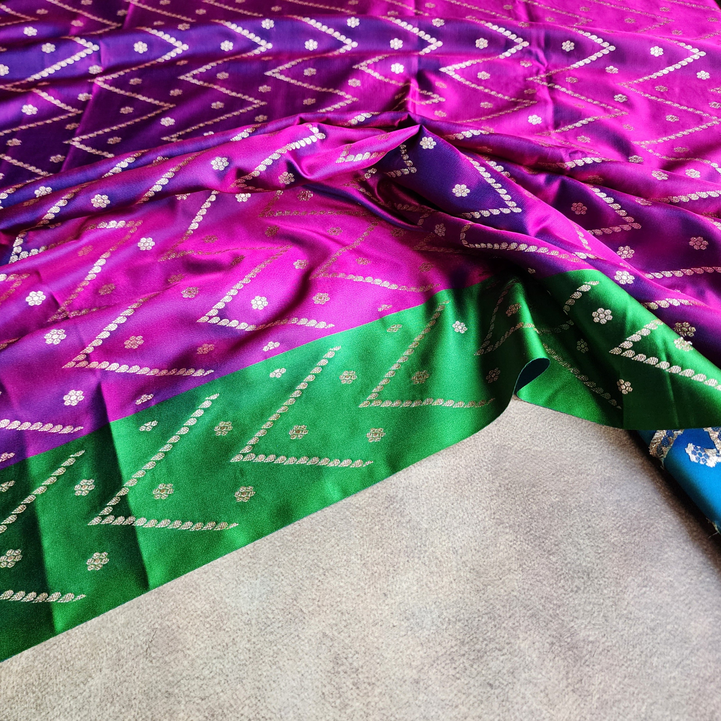 Royal Purple Pure Banarasi Katan Silk Saree with Leaf Green Border