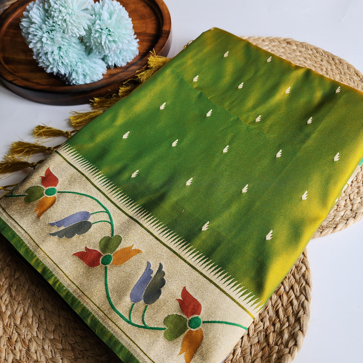 Raahi - Popati Green Paithani Silk Saree with Stitched Blouse