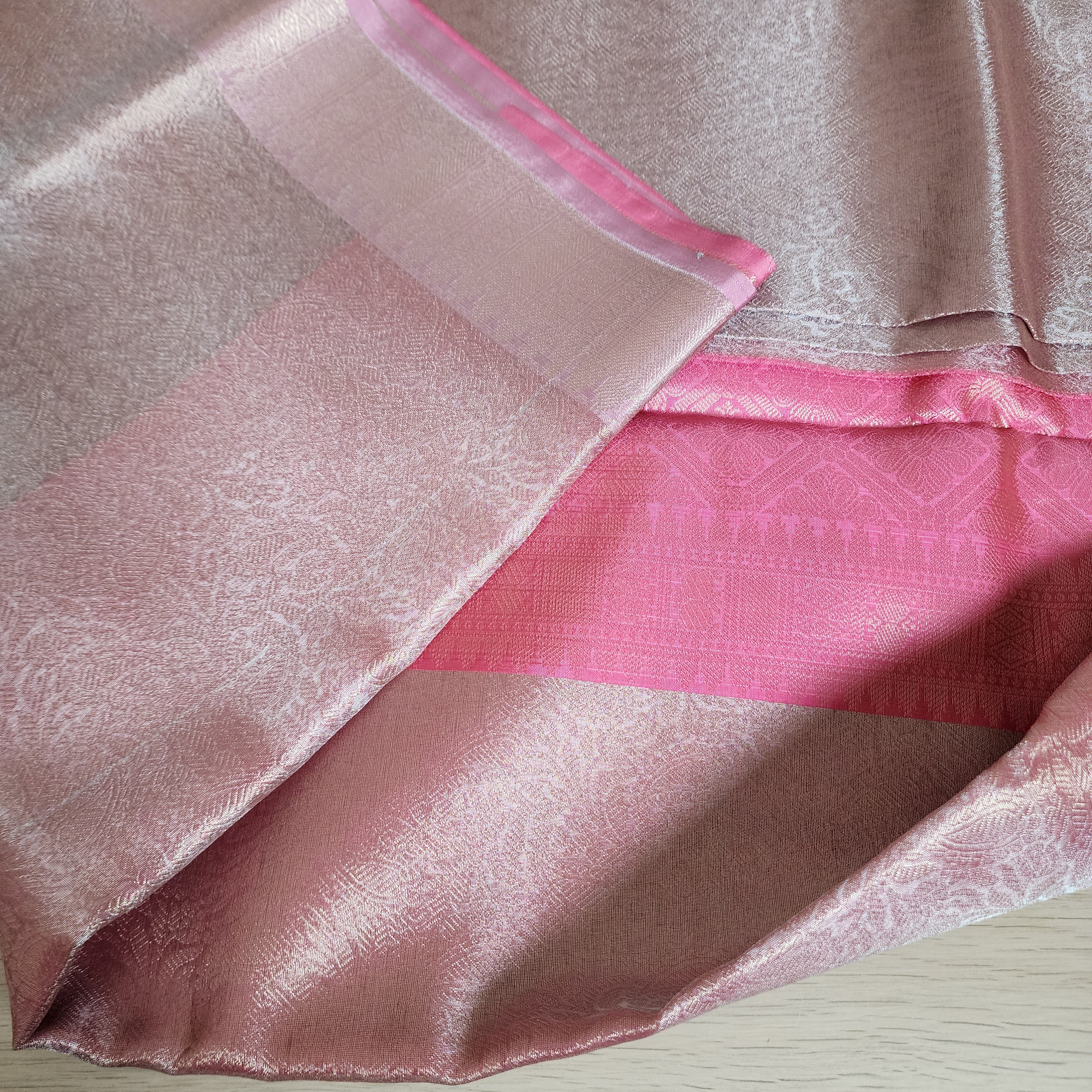 Unique Coral Pink & Beige Kanjivaram style Banarasi Tissue Saree