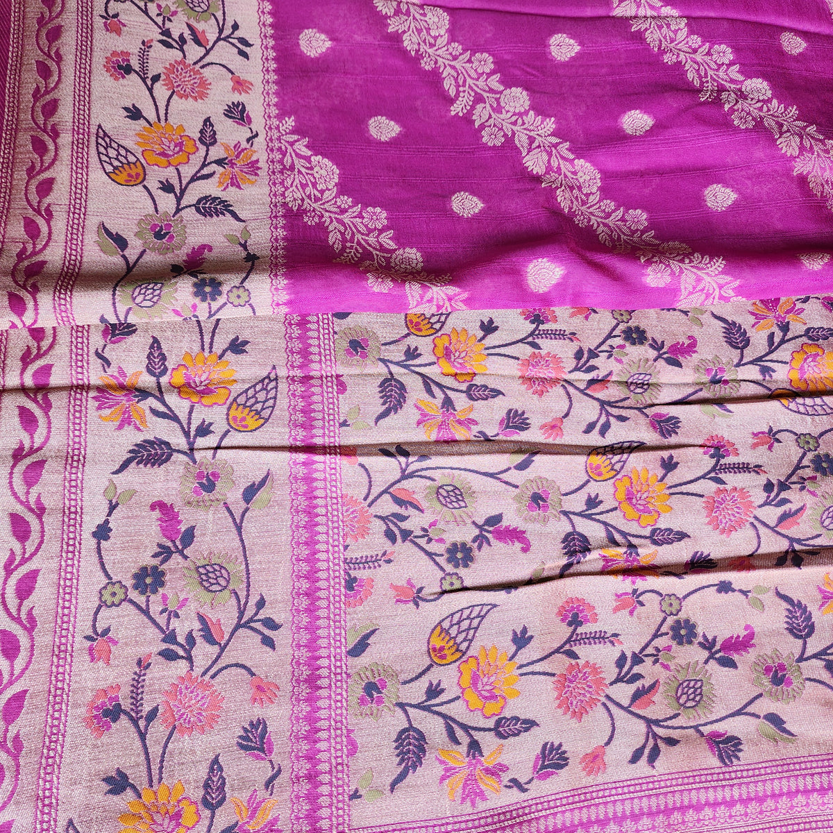 Soft Lavender Orchid Raw Silk Saree with Pastel Floral Weaving and Ivory Border
