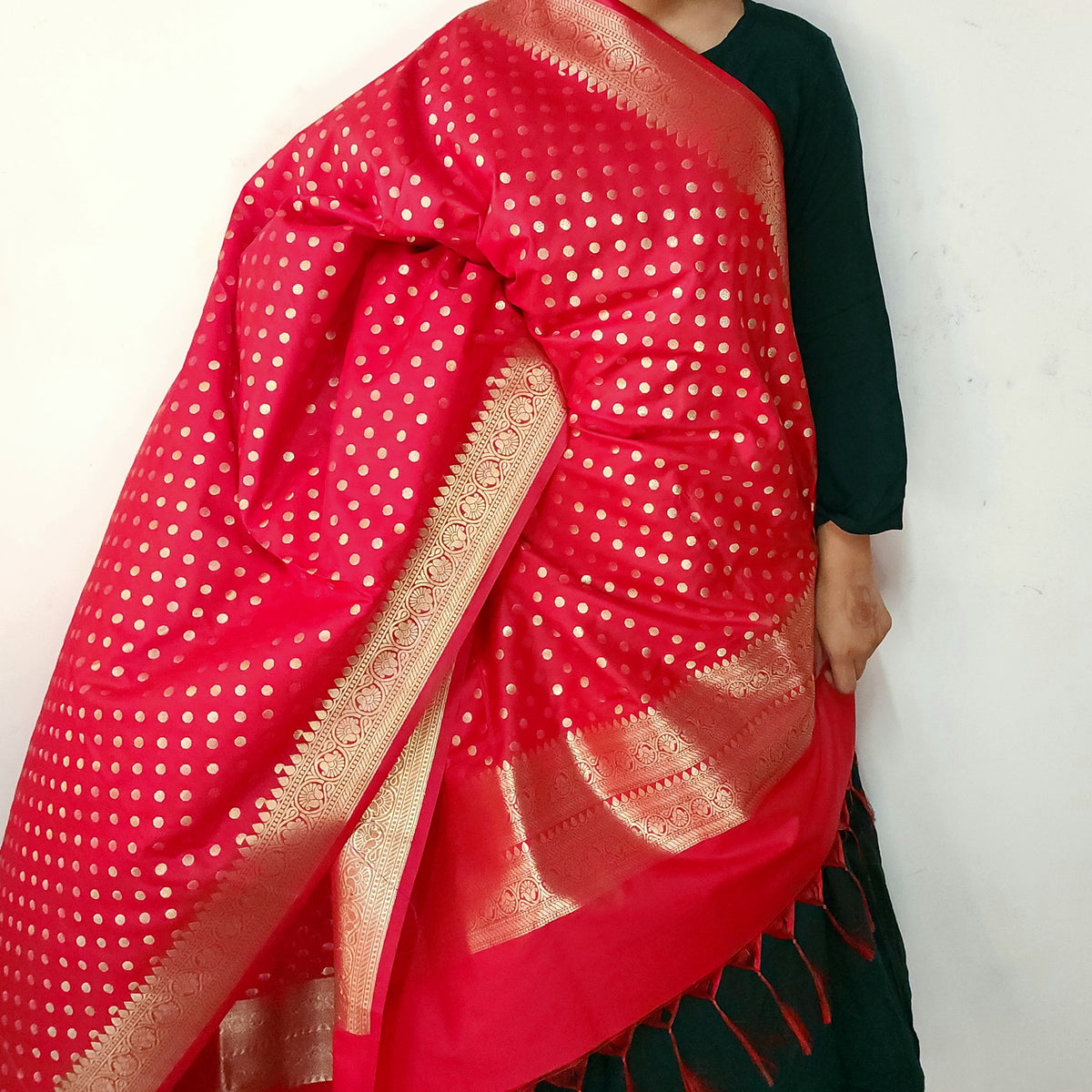 Classic Red Banarasi Silk Dupatta with Gold Polka Dot