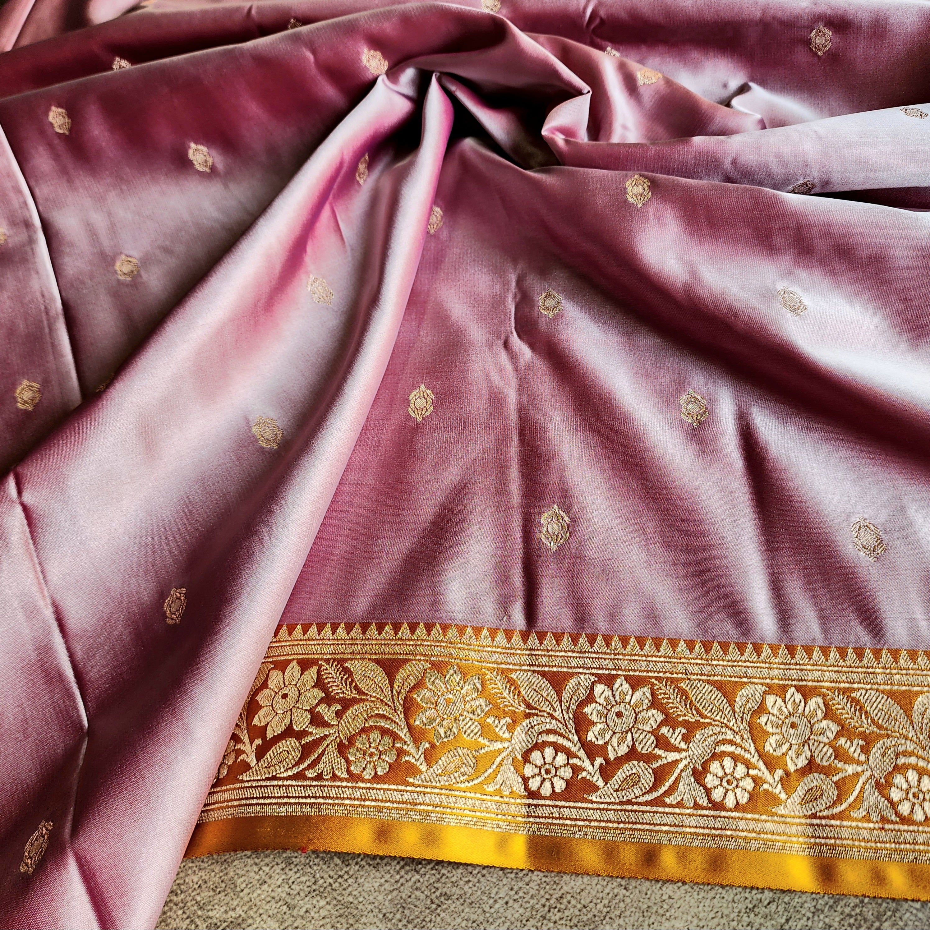 Dusty Rose Pink Katan Silk Saree with Mustard and Gold Zari Border