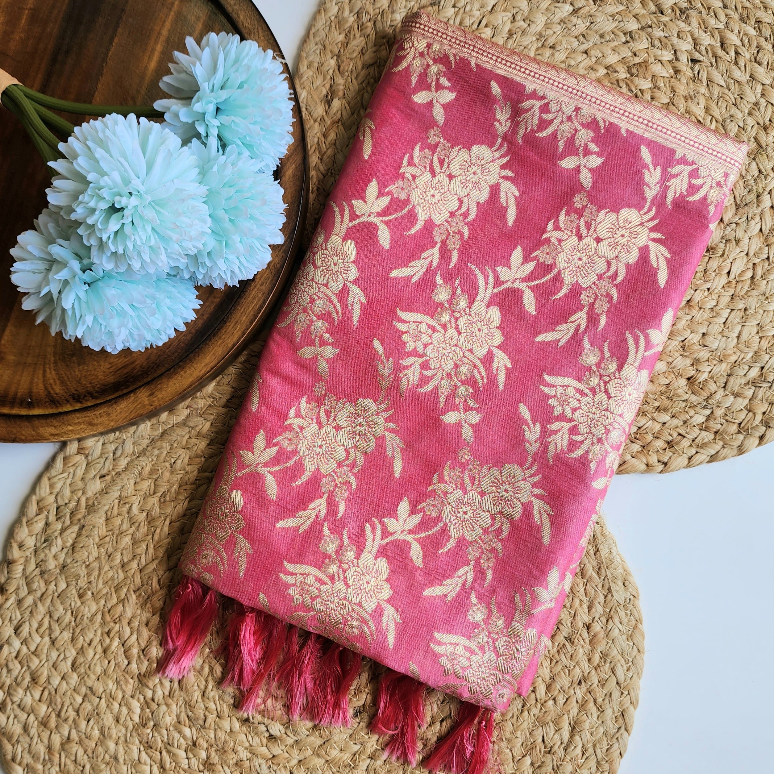Cerise Pink Banarasi Dupatta - Floral Brocade Zari