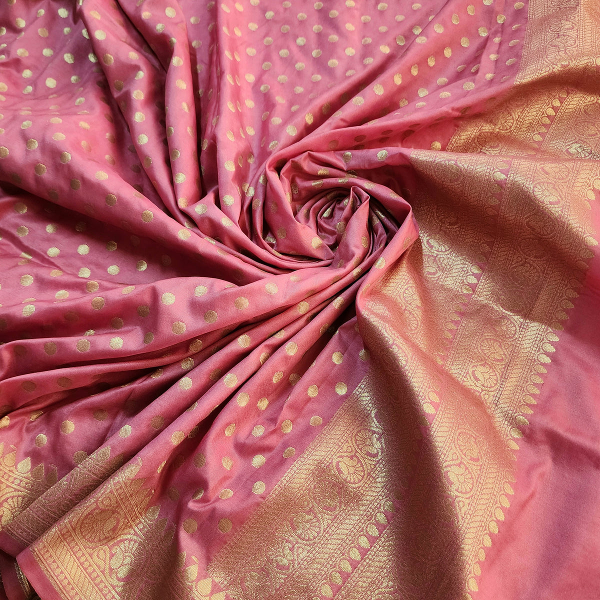 Dusty Rose Banarasi Silk Dupatta with Gold Polka Dot