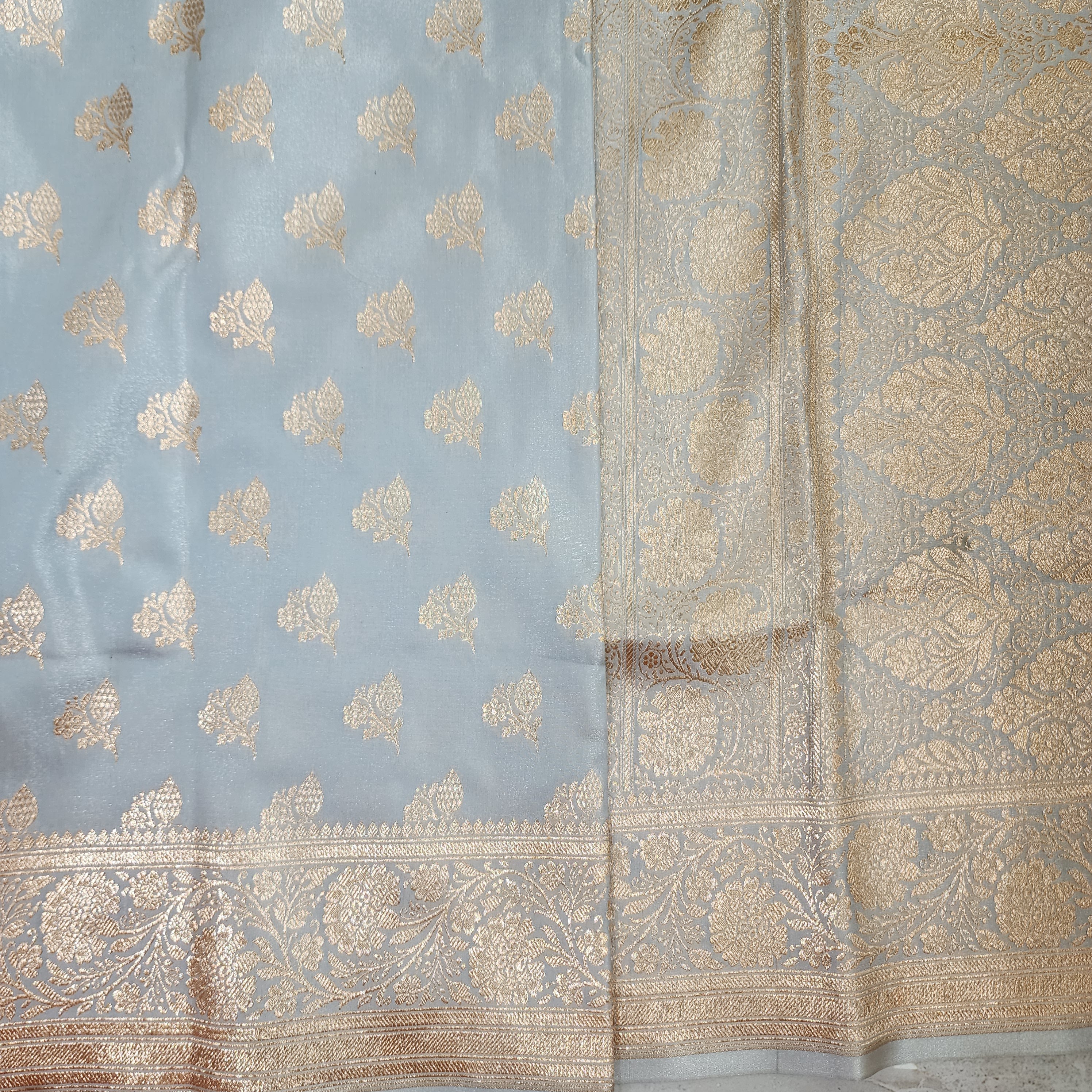 Rich Silver Grey Banarasi Silk Saree with Gold Zari Weaving