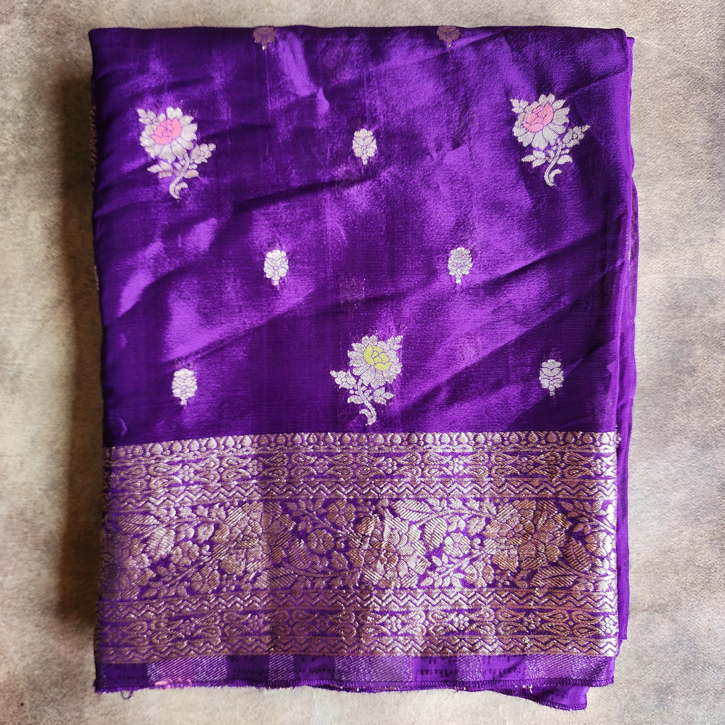 Royal Violet Pure Crepe Silk Saree with Gold Zari Border