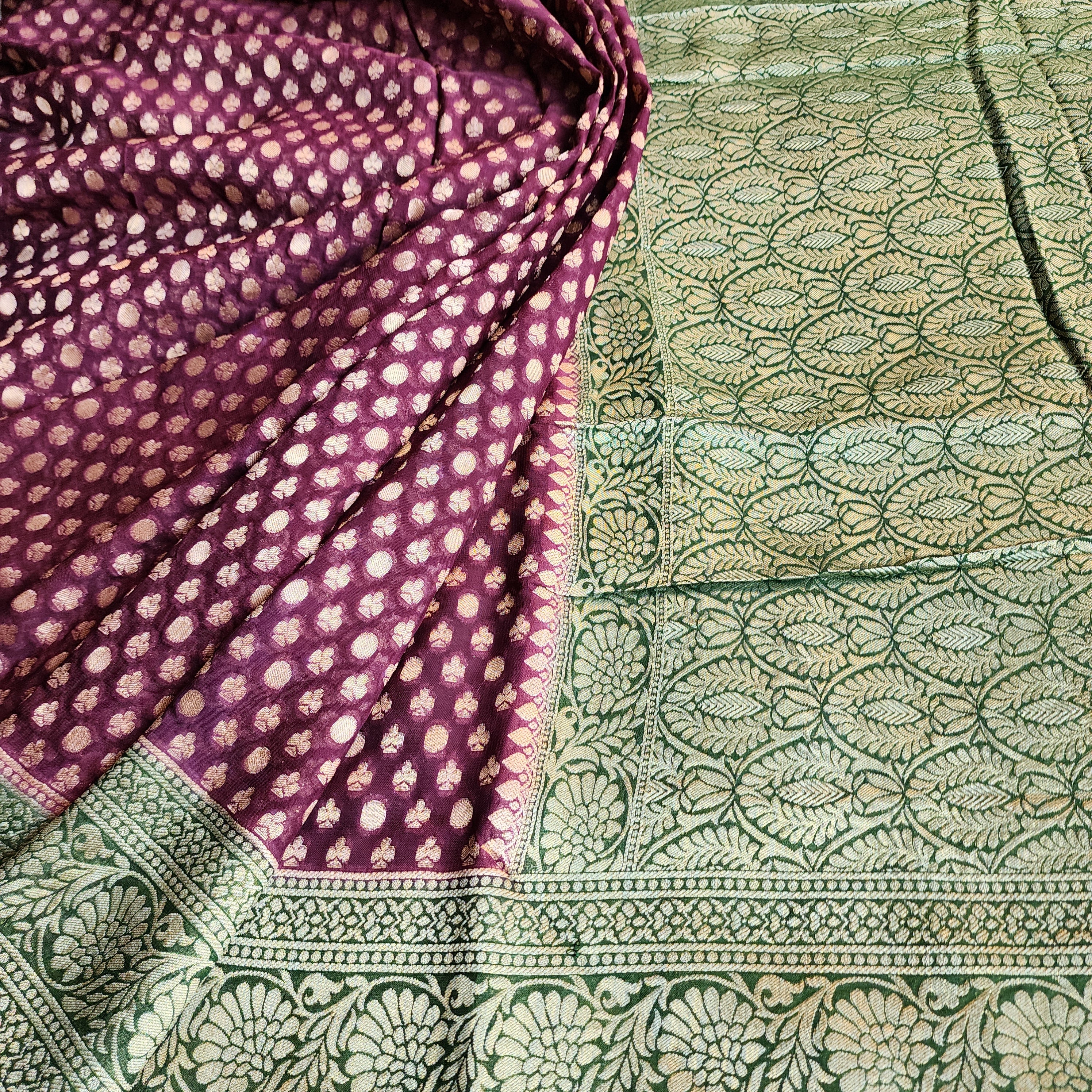 Purple Khaddi Georgette Pure Banarasi Saree with Green Border