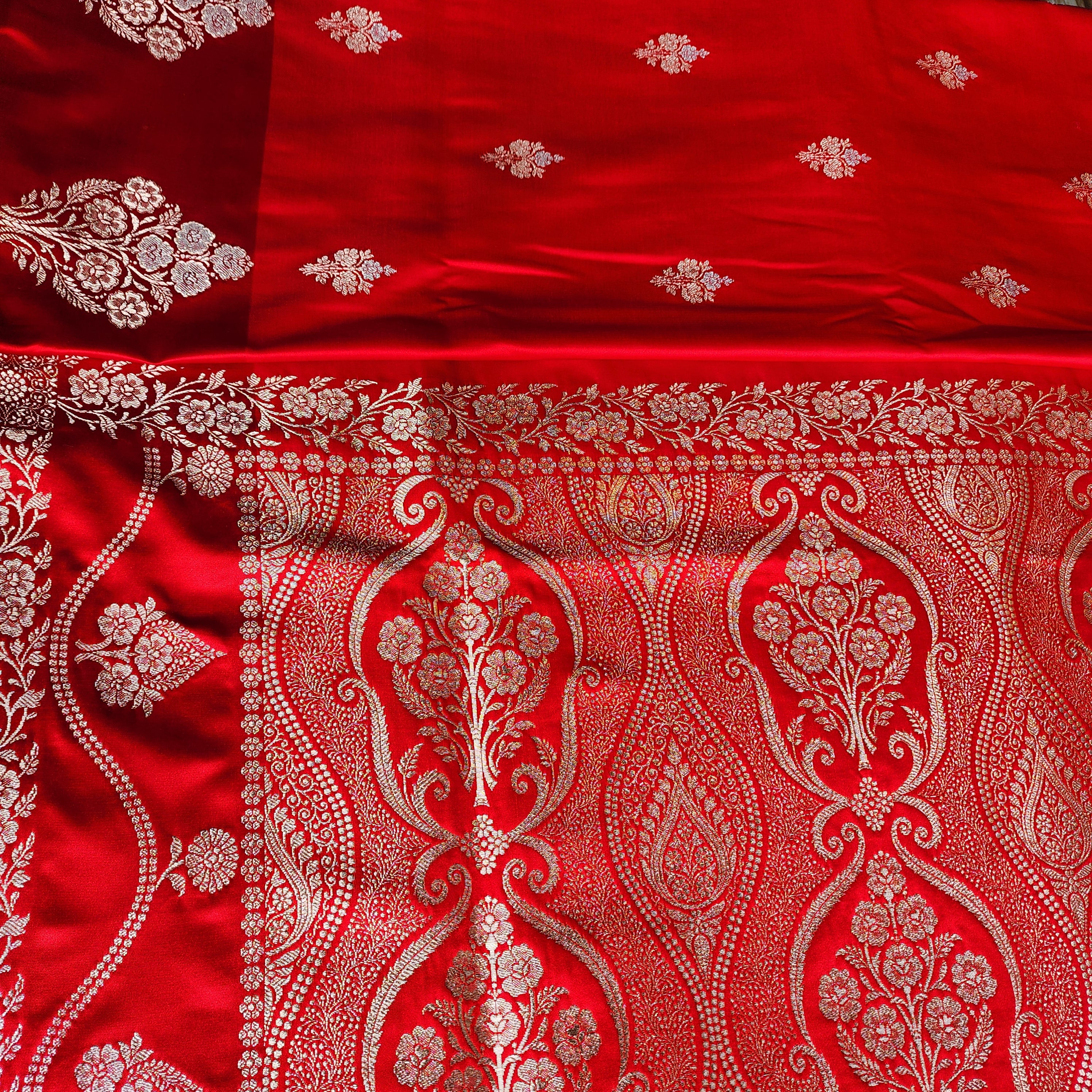 Dual-Tone Bright Red Pure Banarasi Katan Silk Saree