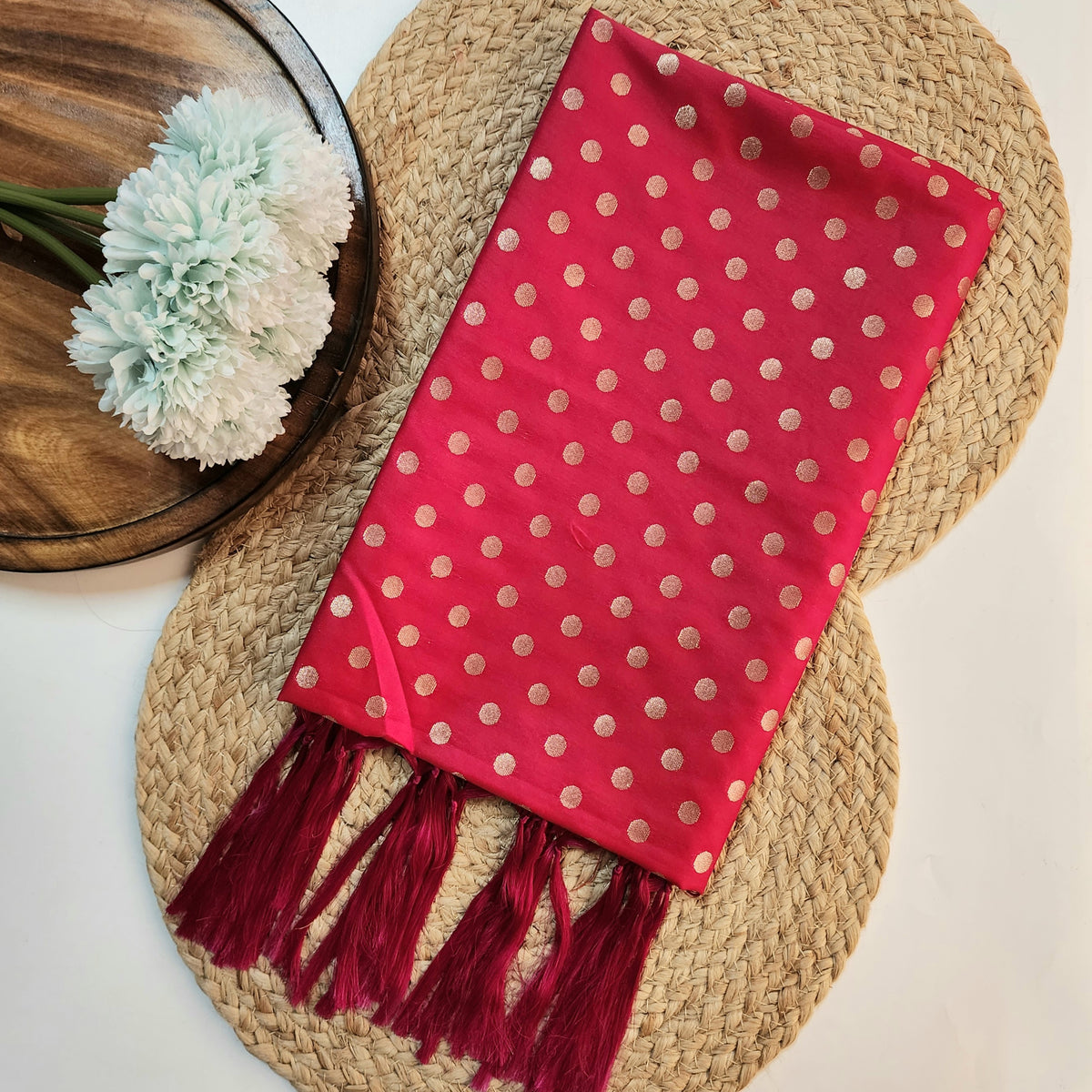 Fuchsia Banarasi Silk Dupatta with Gold Polka Dot