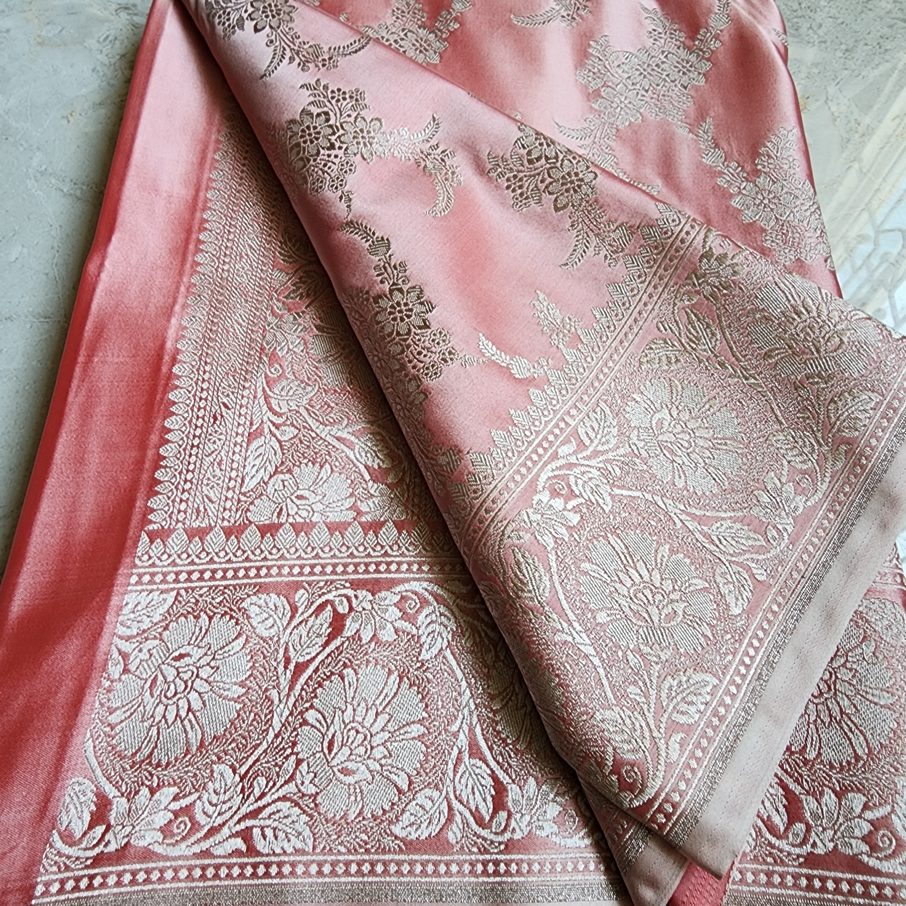 Blush Coral Banarasi Katan Silk Saree with Floral Vine Jaal