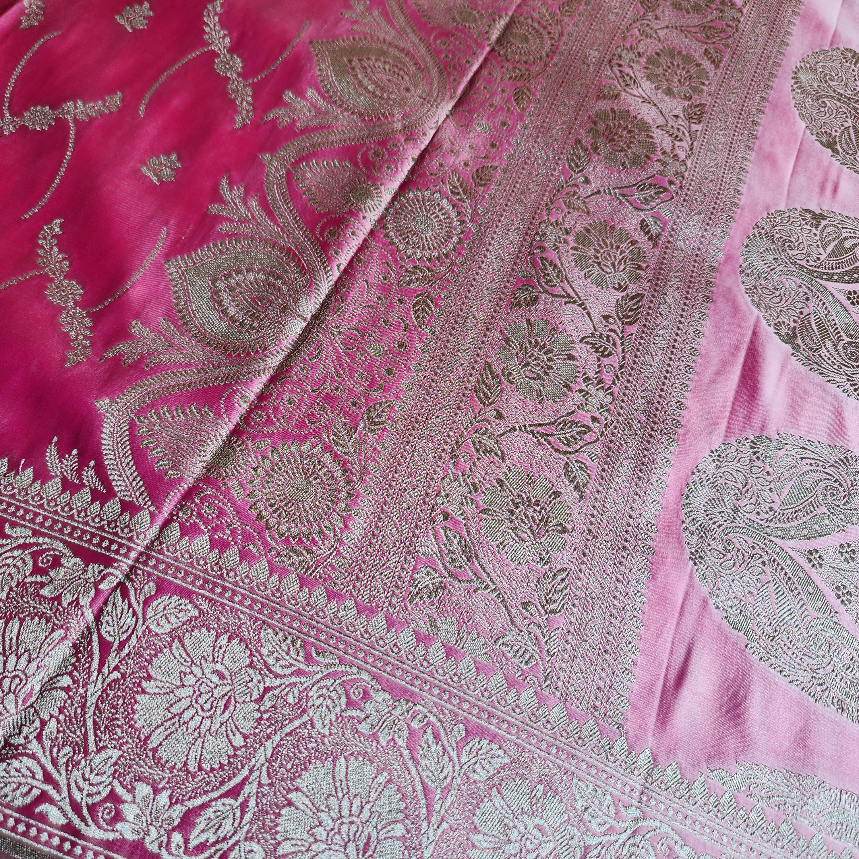 Pastel Candy Pink Banarasi Katan Silk Saree with Light Gold Zari weaving
