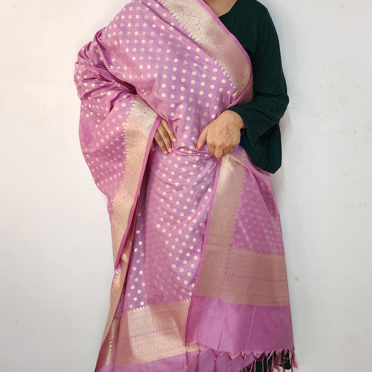 Mauve Pink Banarasi Silk Dupatta with Gold Polka Dot